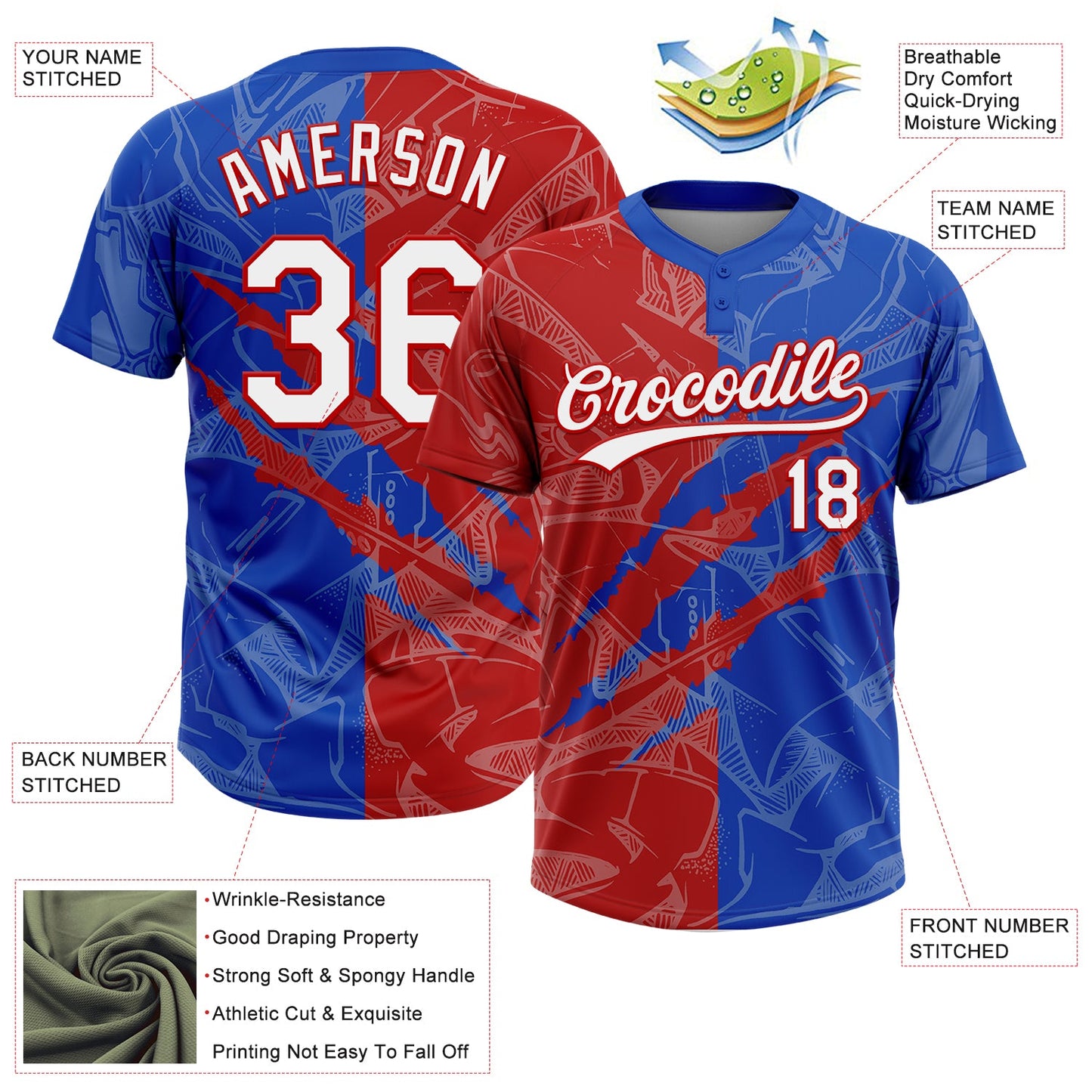 Custom Graffiti Pattern White Thunder Blue-Red 3D Scratch Two-Button Unisex Softball Jersey view 3