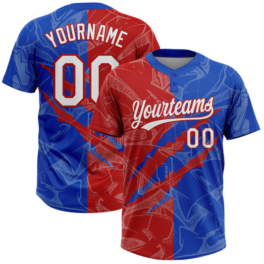 Custom Graffiti Pattern White Thunder Blue-Red 3D Scratch Two-Button Unisex Softball Jersey - Main View