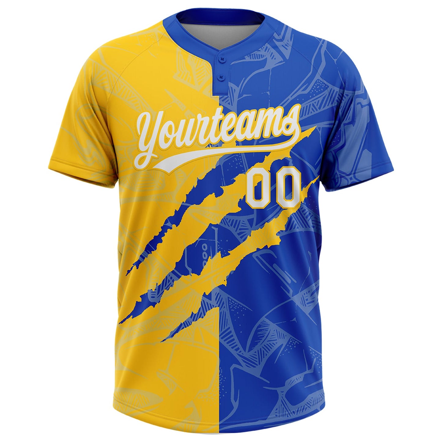Custom Graffiti Pattern White Thunder Blue-Yellow 3D Scratch Two-Button Unisex Softball Jersey view 2