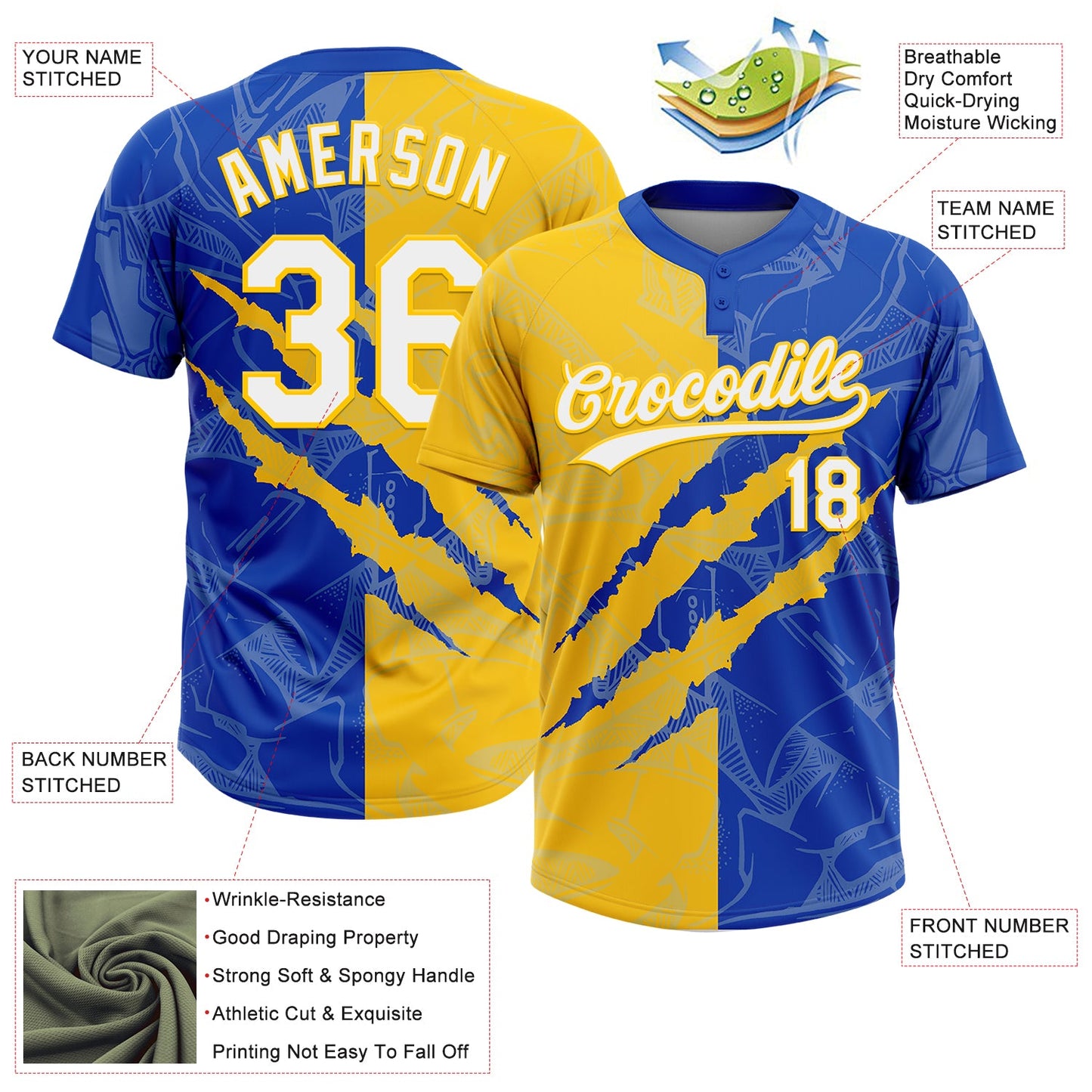 Custom Graffiti Pattern White Thunder Blue-Yellow 3D Scratch Two-Button Unisex Softball Jersey view 3