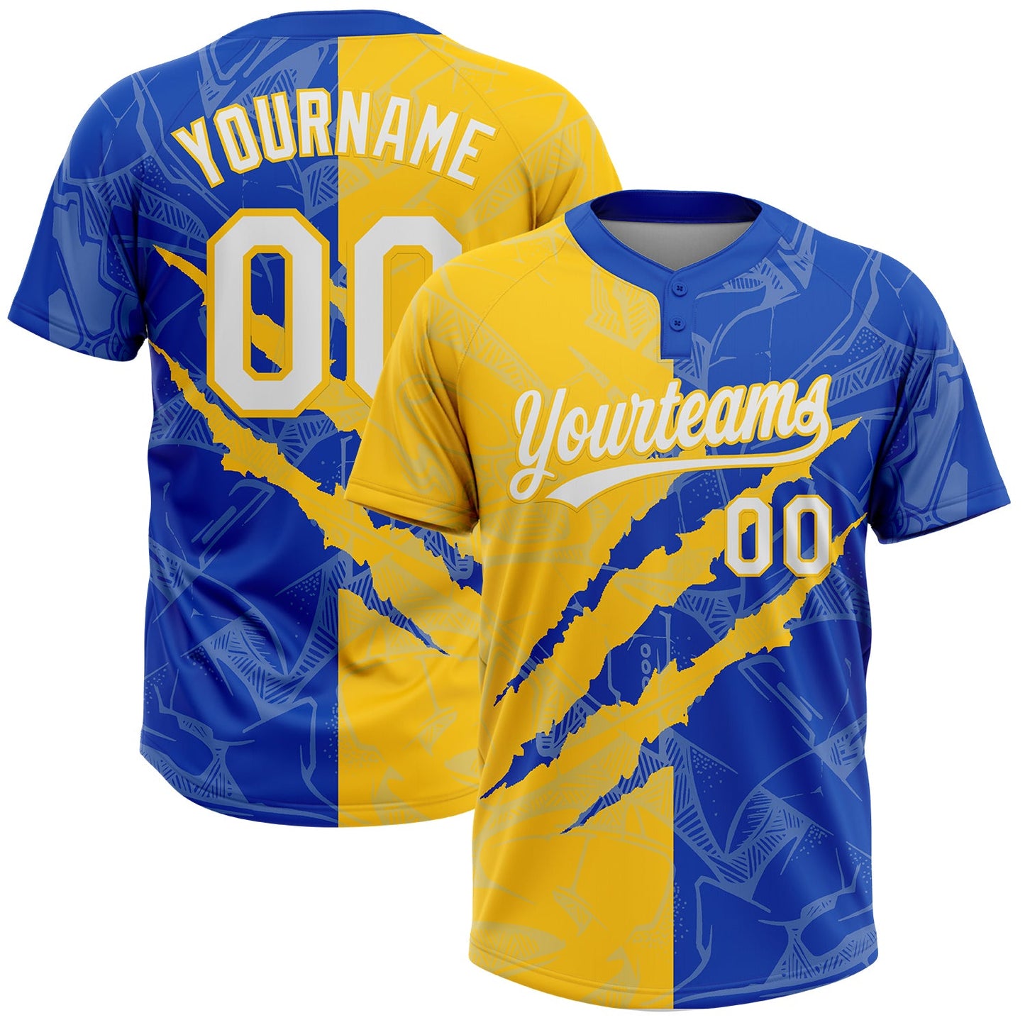Custom Graffiti Pattern White Thunder Blue-Yellow 3D Scratch Two-Button Unisex Softball Jersey - Main View