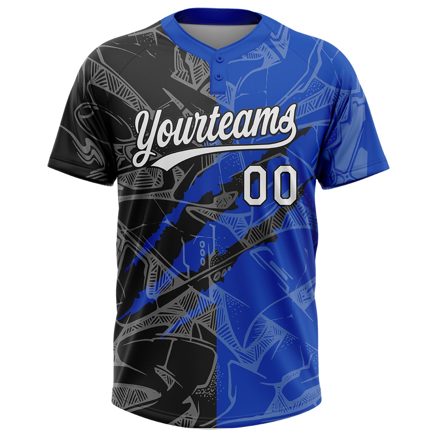 Custom Graffiti Pattern White Thunder Blue-Black 3D Scratch Two-Button Unisex Softball Jersey view 2