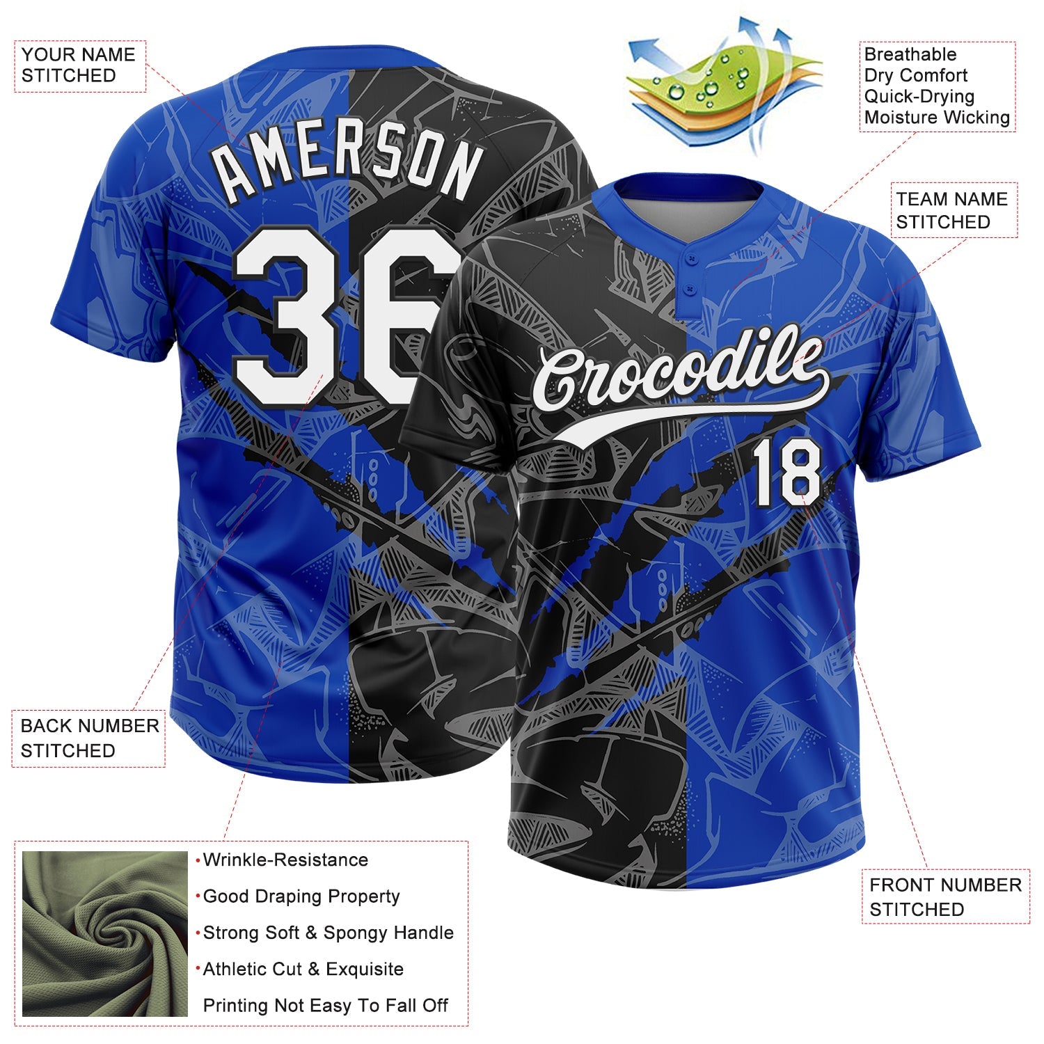 Custom Graffiti Pattern White Thunder Blue-Black 3D Scratch Two-Button Unisex Softball Jersey view 3