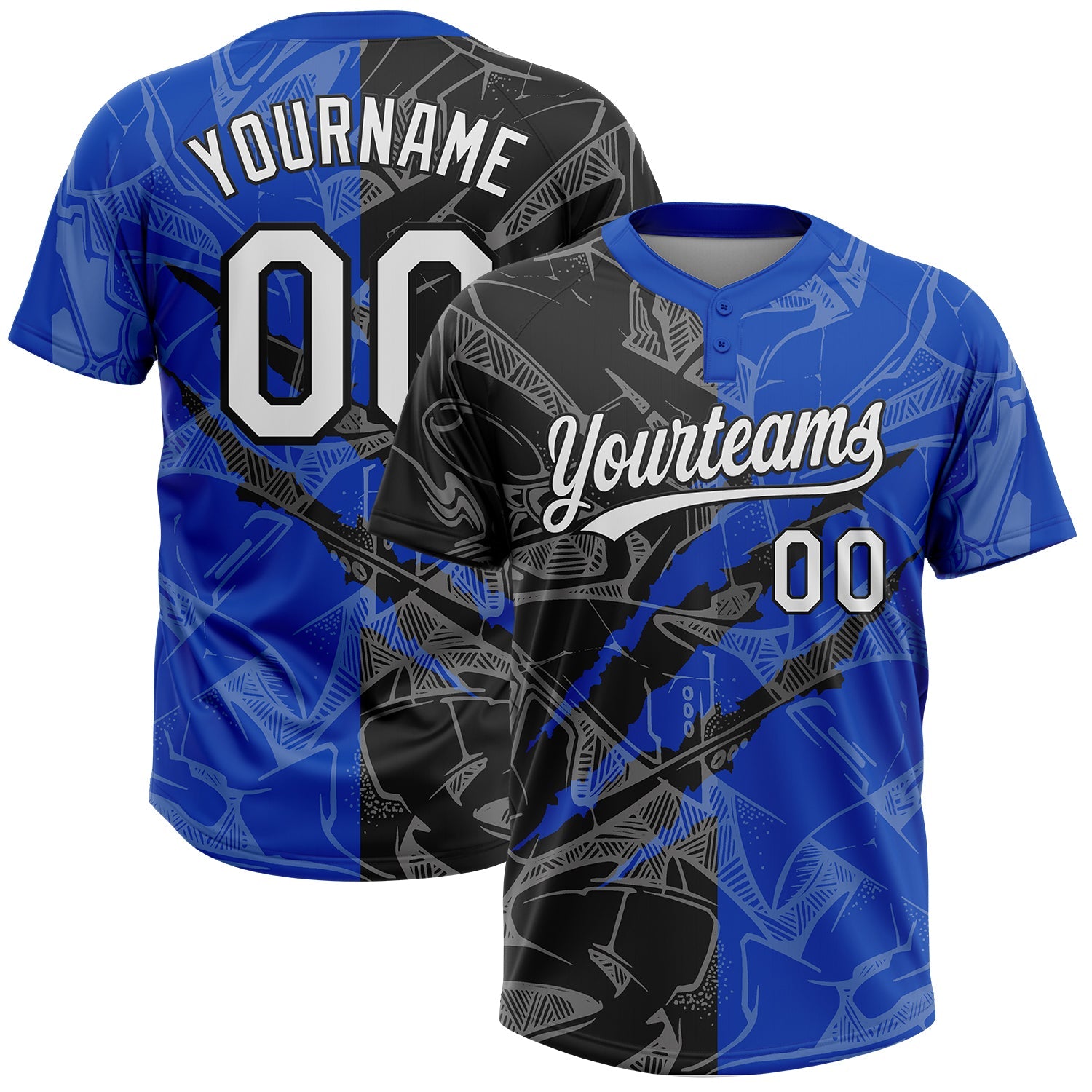 Custom Graffiti Pattern White Thunder Blue-Black 3D Scratch Two-Button Unisex Softball Jersey - Main View