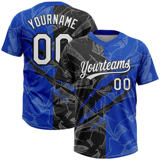 Custom Graffiti Pattern White Thunder Blue-Black 3D Scratch Two-Button Unisex Softball Jersey - Main View