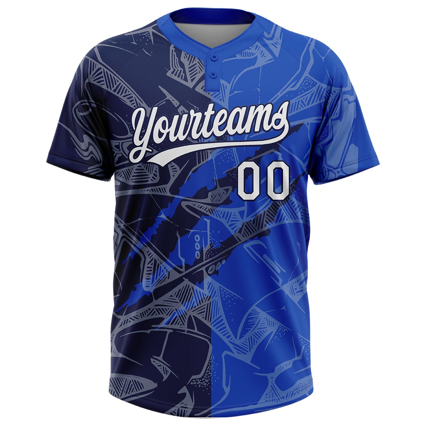 Custom Graffiti Pattern White Thunder Blue-Navy 3D Scratch Two-Button Unisex Softball Jersey view 2