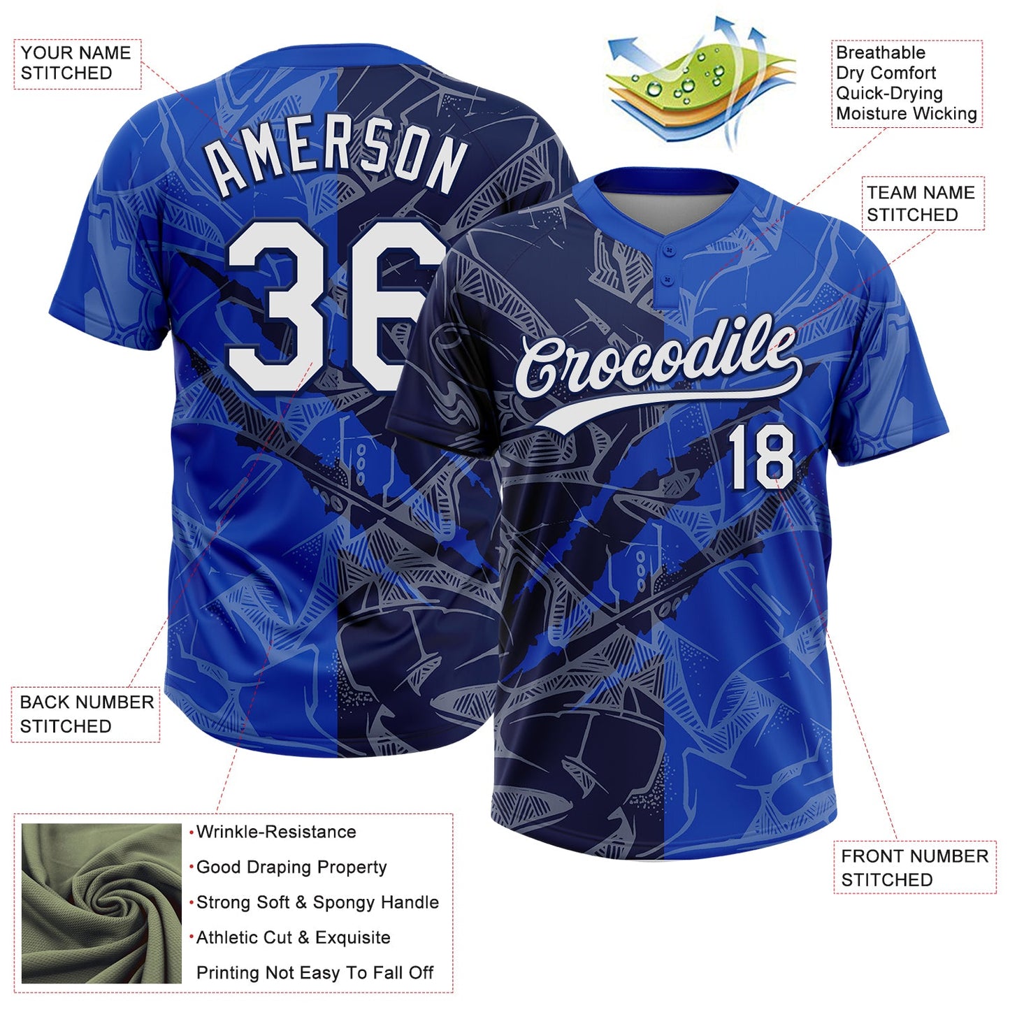 Custom Graffiti Pattern White Thunder Blue-Navy 3D Scratch Two-Button Unisex Softball Jersey view 3