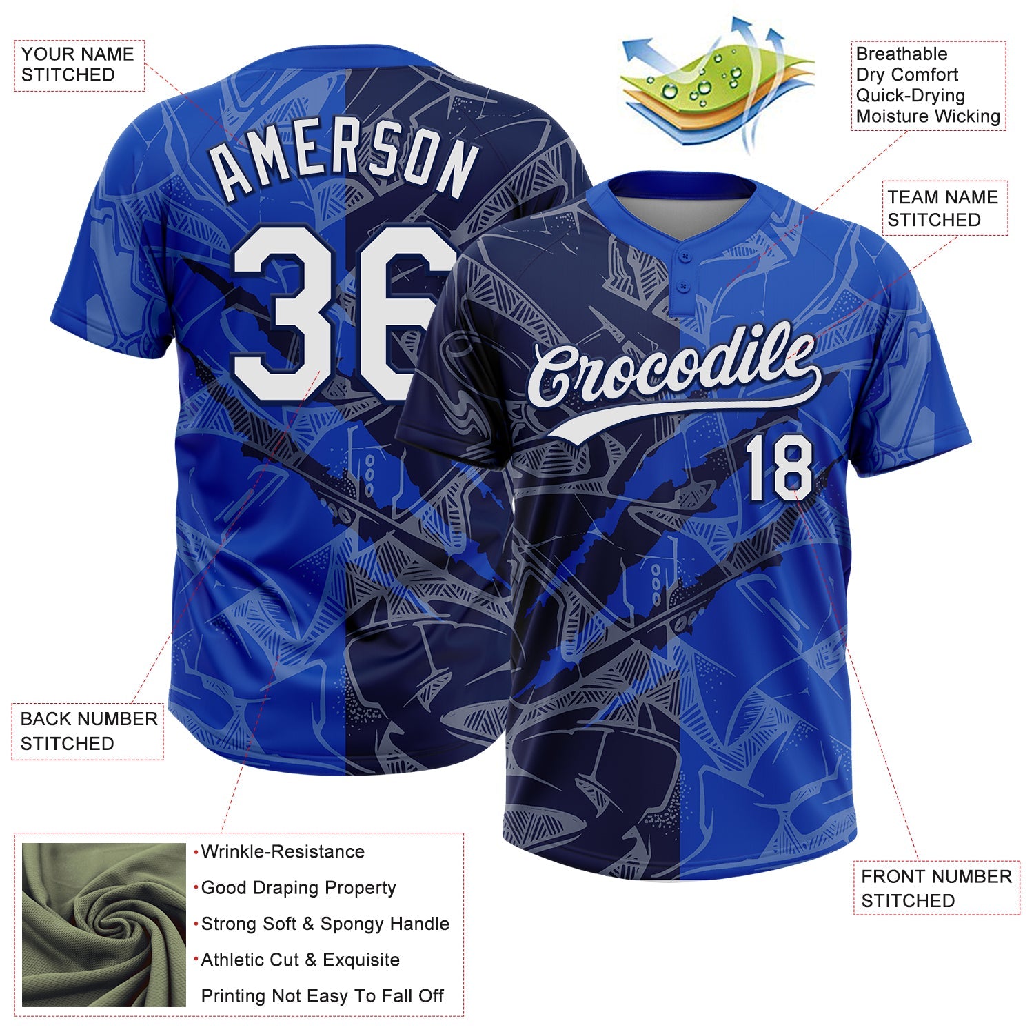 Custom Graffiti Pattern White Thunder Blue-Navy 3D Scratch Two-Button Unisex Softball Jersey view 3
