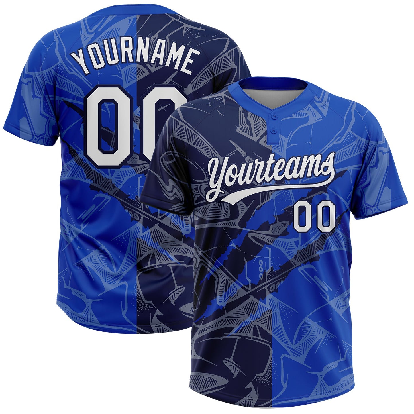 Custom Graffiti Pattern White Thunder Blue-Navy 3D Scratch Two-Button Unisex Softball Jersey - Main View