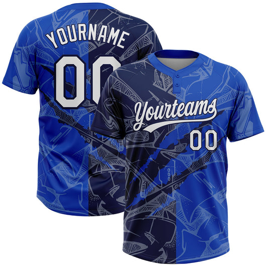 Custom Graffiti Pattern White Thunder Blue-Navy 3D Scratch Two-Button Unisex Softball Jersey - Main View