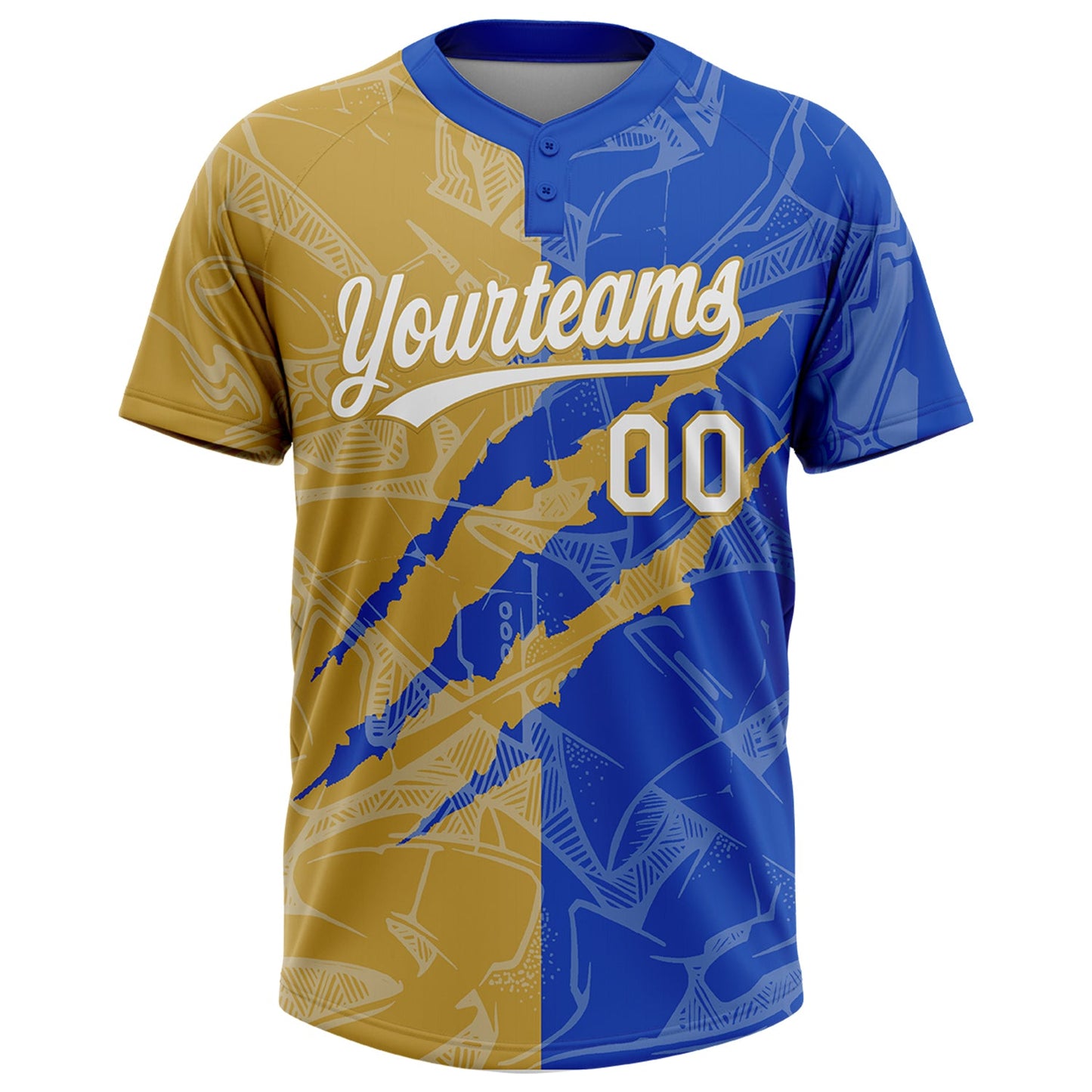 Custom Graffiti Pattern White Thunder Blue-Old Gold 3D Scratch Two-Button Unisex Softball Jersey view 2