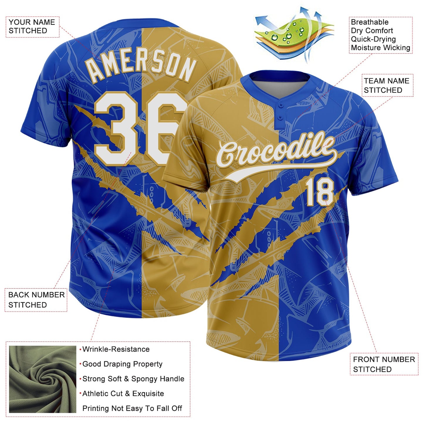 Custom Graffiti Pattern White Thunder Blue-Old Gold 3D Scratch Two-Button Unisex Softball Jersey view 3