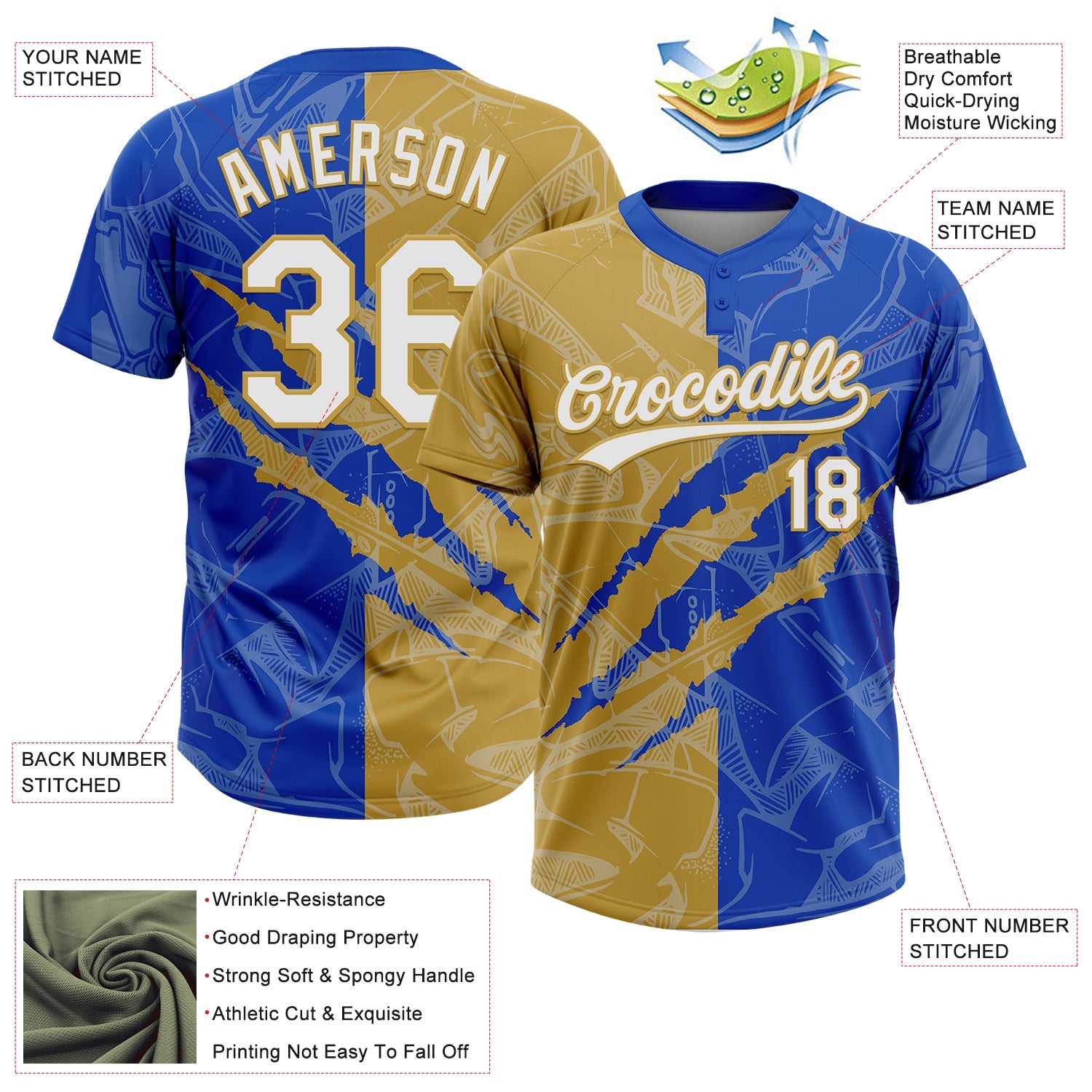 Custom Graffiti Pattern White Thunder Blue-Old Gold 3D Scratch Two-Button Unisex Softball Jersey view 3