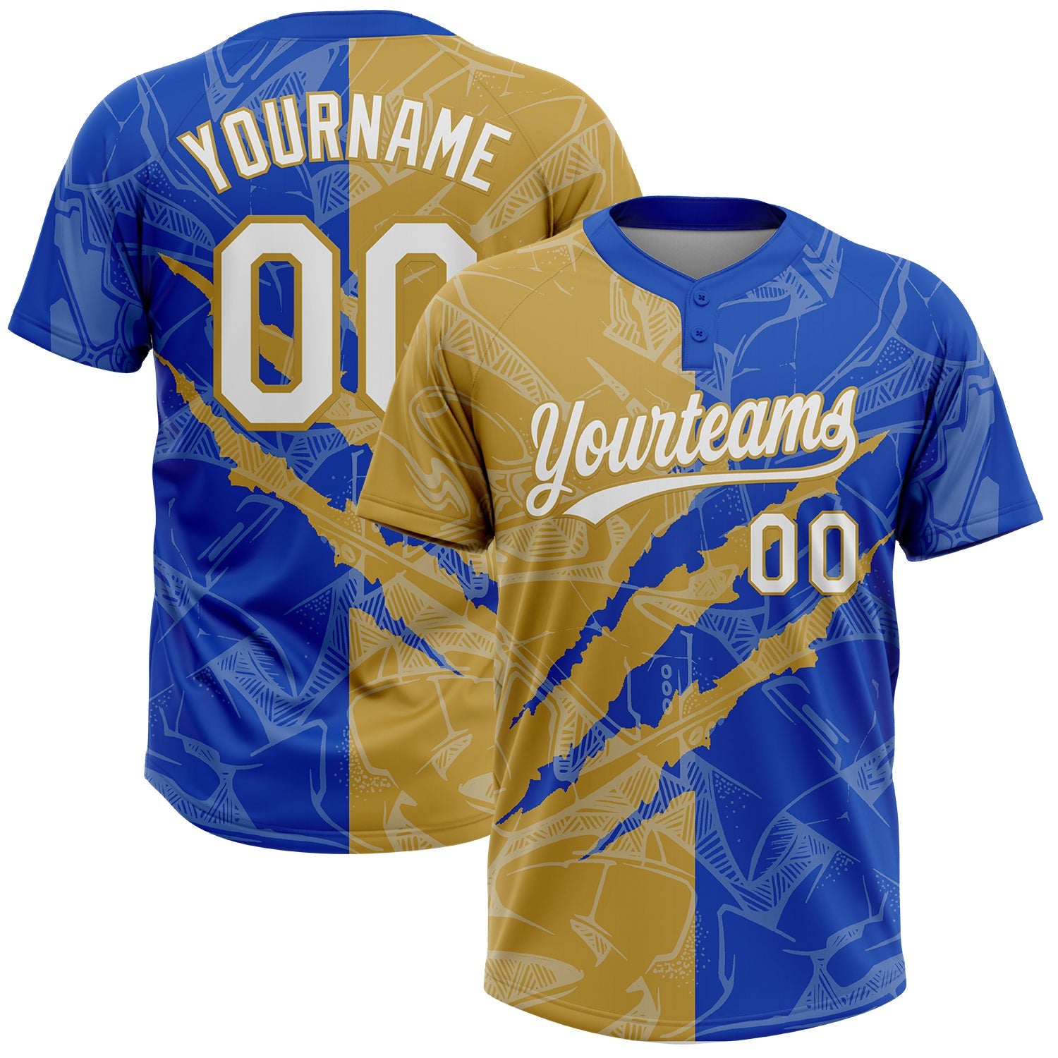 Custom Graffiti Pattern White Thunder Blue-Old Gold 3D Scratch Two-Button Unisex Softball Jersey - Main View