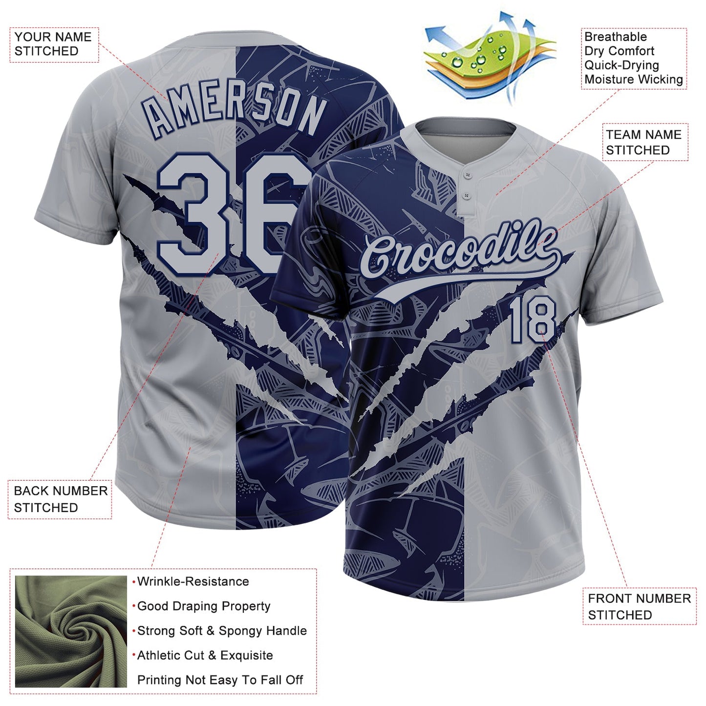 Custom Graffiti Pattern Gray-Navy 3D Scratch Two-Button Unisex Softball Jersey view 3