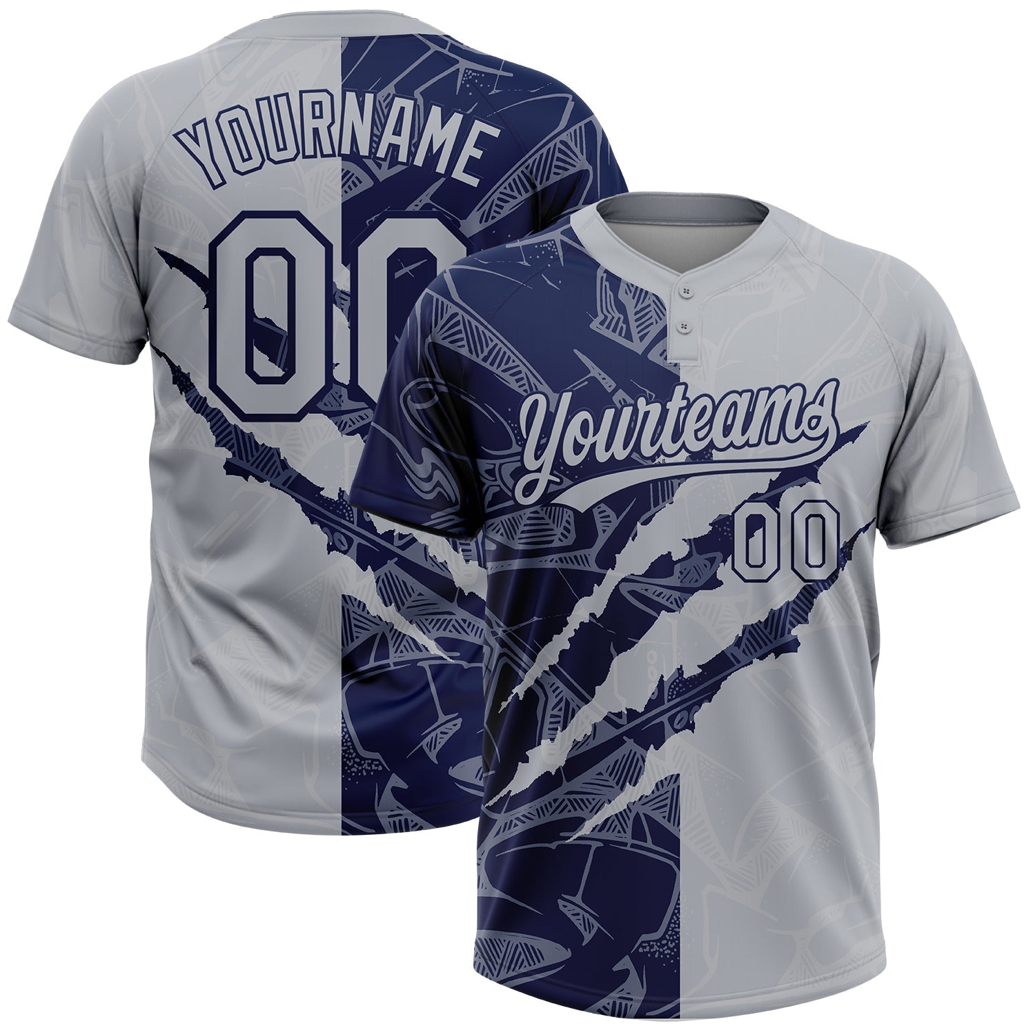 Custom Graffiti Pattern Gray-Navy 3D Scratch Two-Button Unisex Softball Jersey - Main View