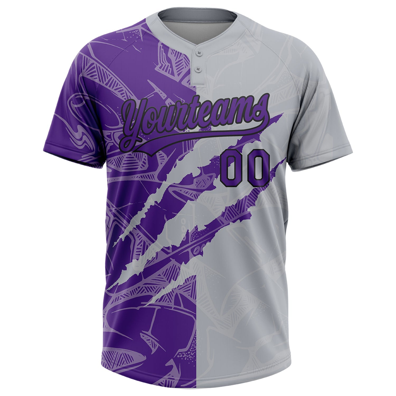 Custom Graffiti Pattern Purple Gray-Black 3D Scratch Two-Button Unisex Softball Jersey view 2