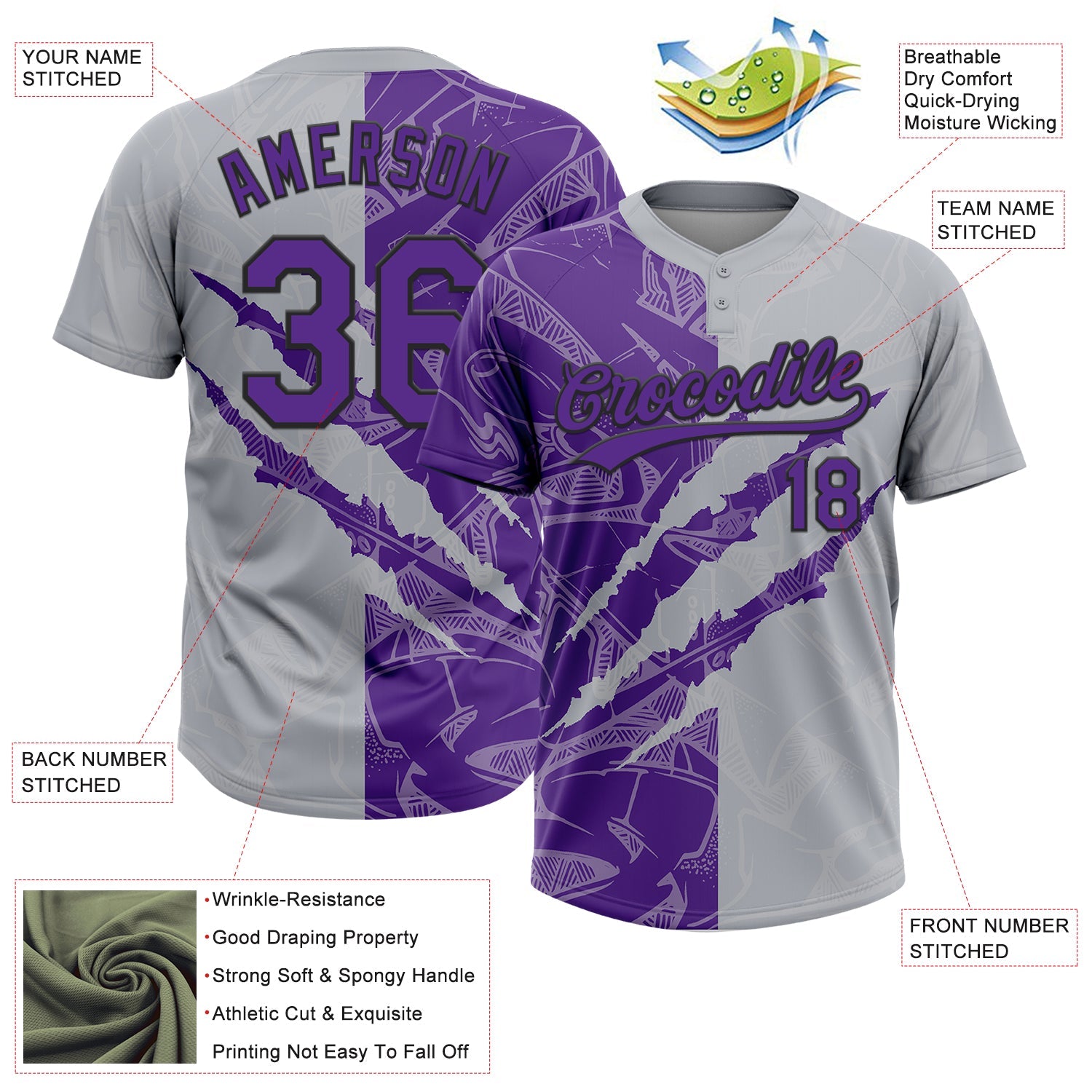 Custom Graffiti Pattern Purple Gray-Black 3D Scratch Two-Button Unisex Softball Jersey view 3