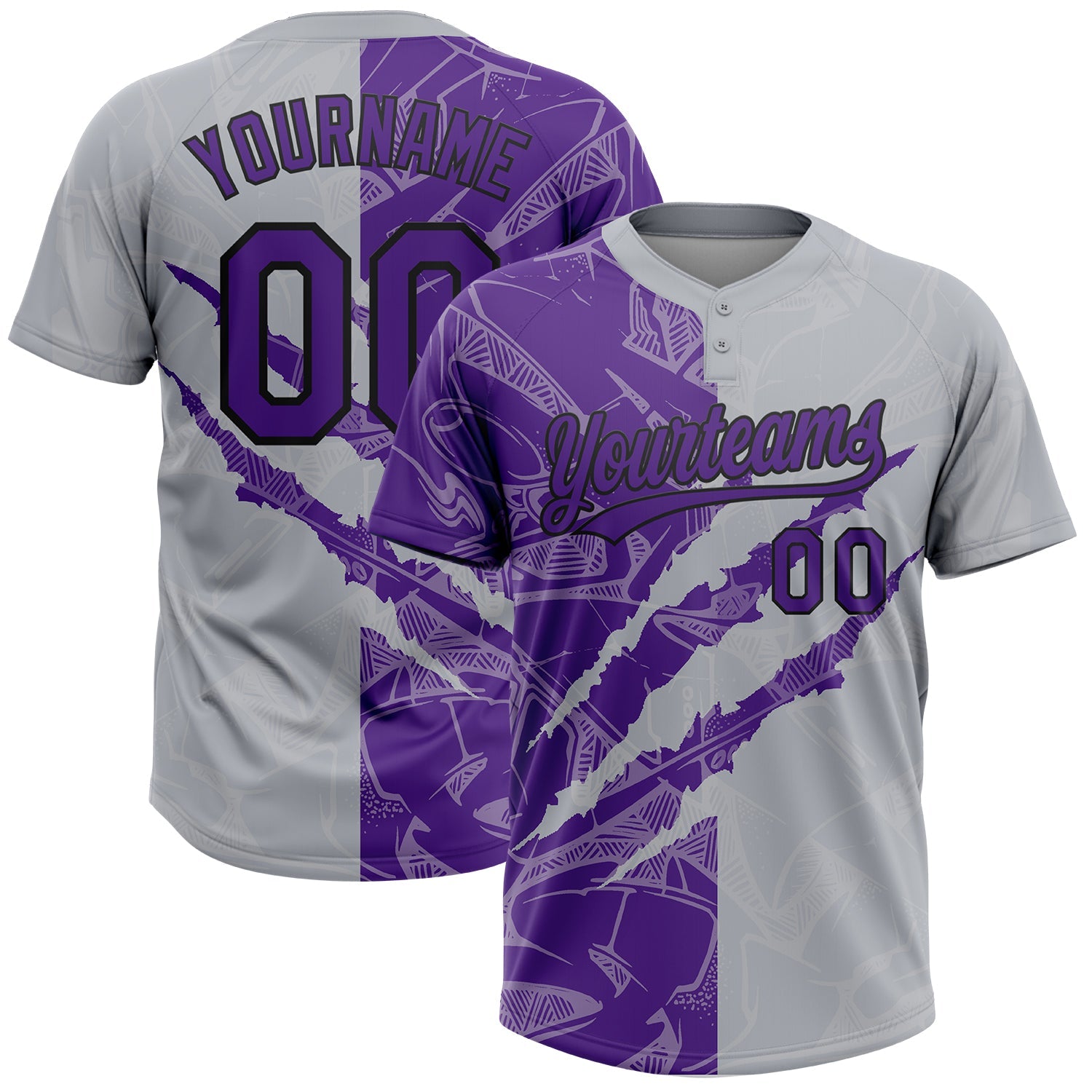 Custom Graffiti Pattern Purple Gray-Black 3D Scratch Two-Button Unisex Softball Jersey - Main View