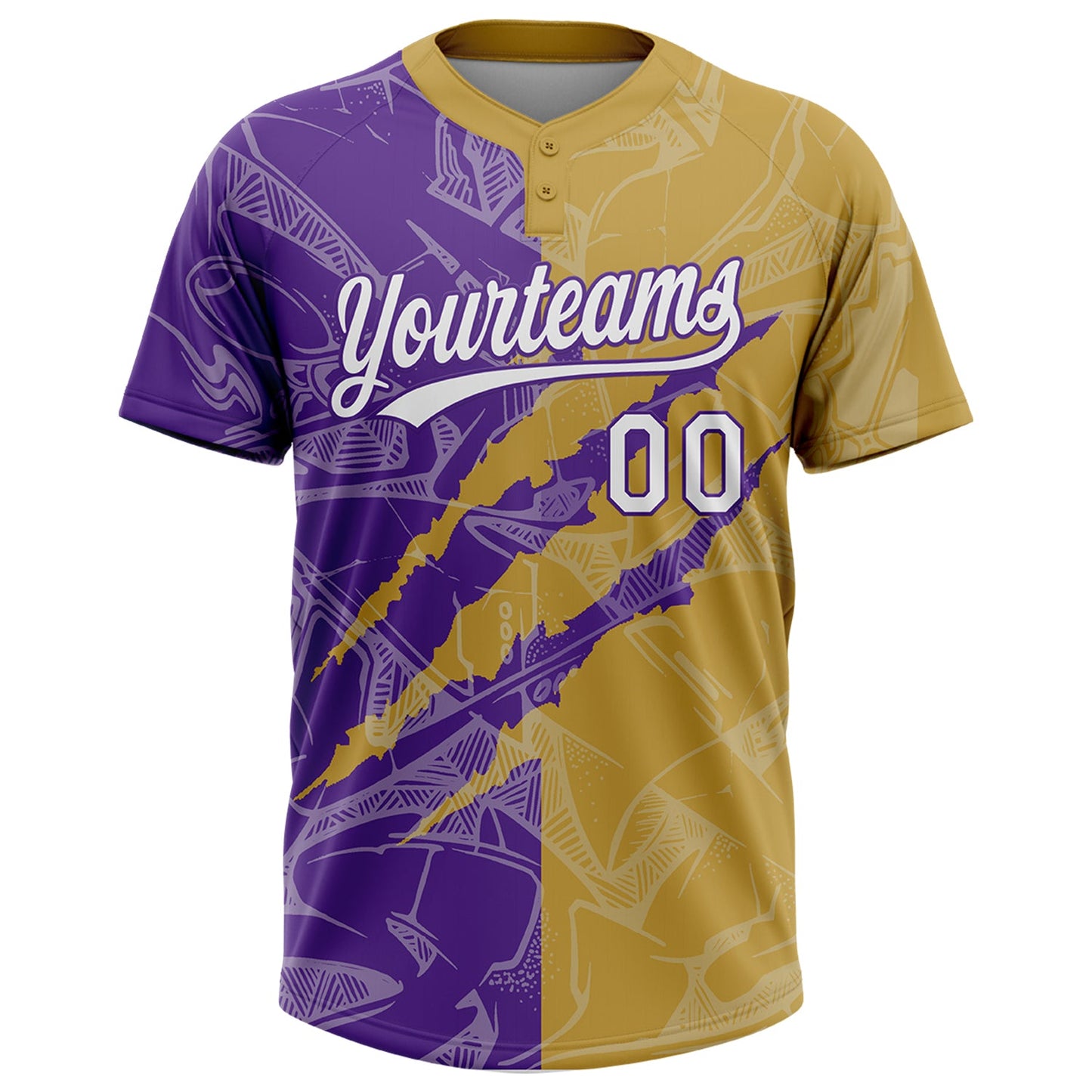 Custom Graffiti Pattern White Old Gold-Purple 3D Scratch Two-Button Unisex Softball Jersey view 2