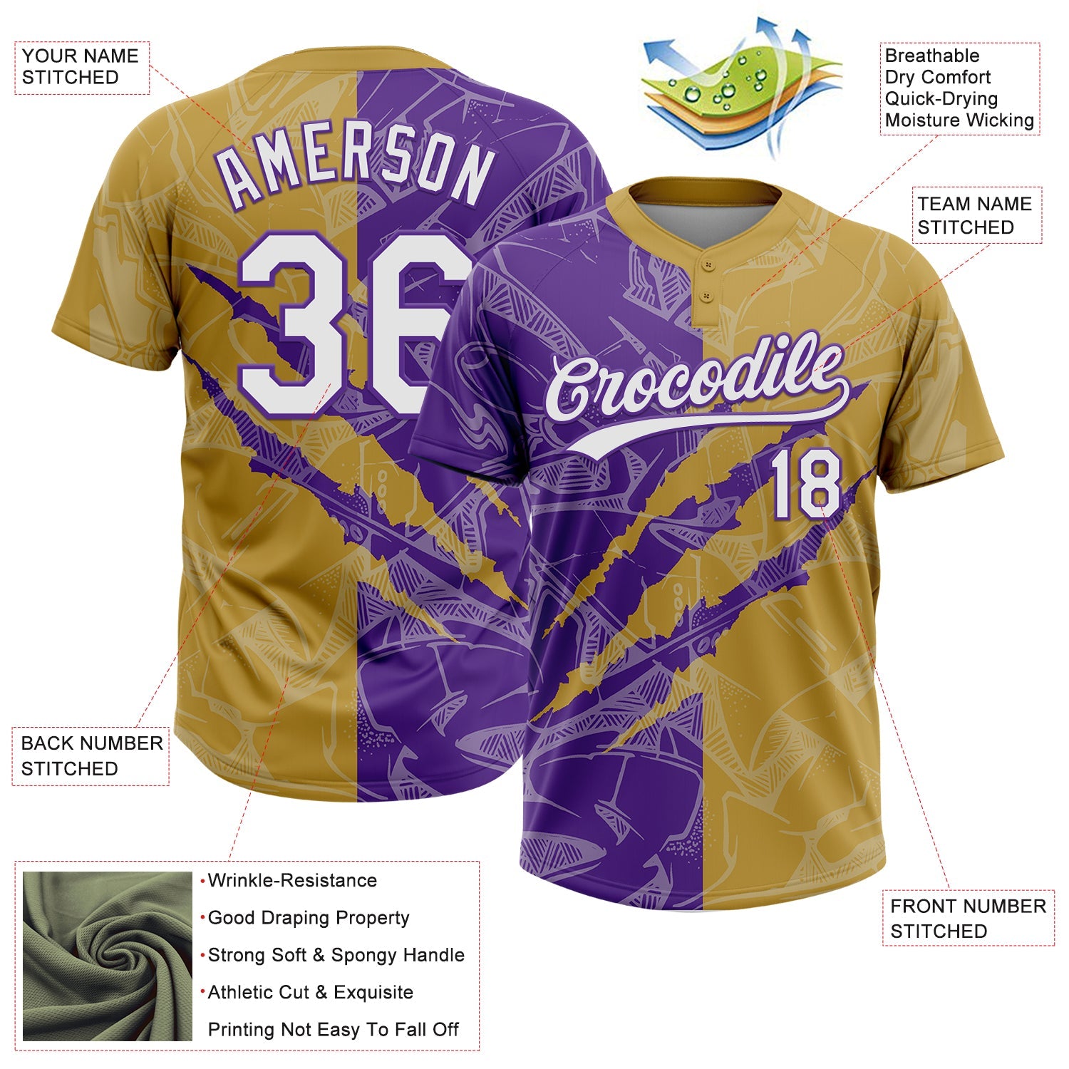 Custom Graffiti Pattern White Old Gold-Purple 3D Scratch Two-Button Unisex Softball Jersey view 3