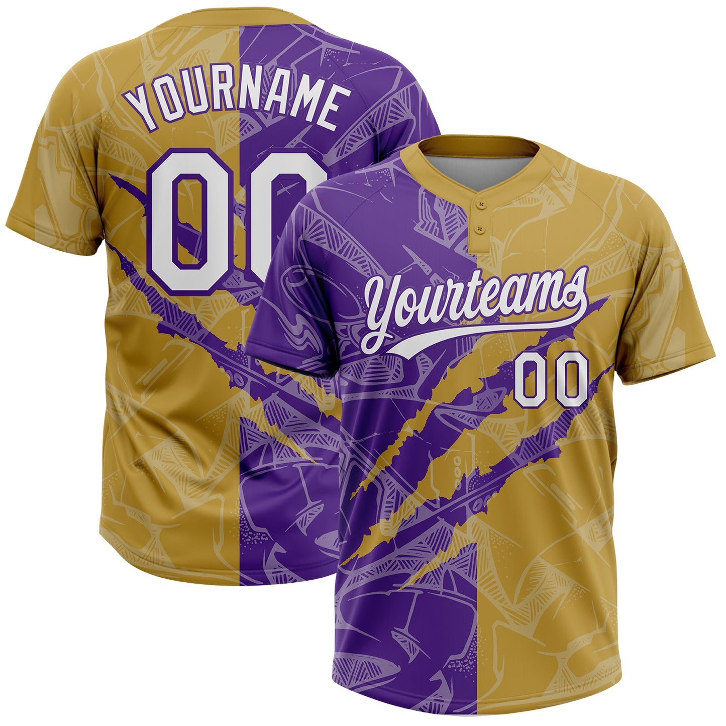 Custom Graffiti Pattern White Old Gold-Purple 3D Scratch Two-Button Unisex Softball Jersey - Main View