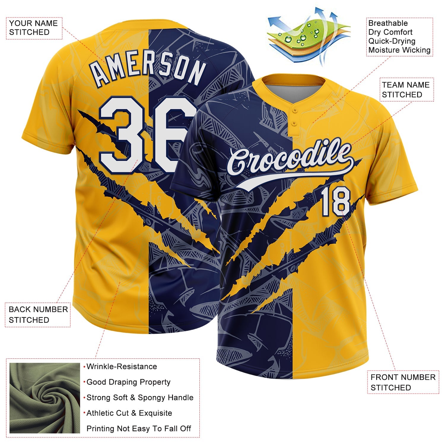 Custom Graffiti Pattern White Gold-Navy 3D Scratch Two-Button Unisex Softball Jersey view 3
