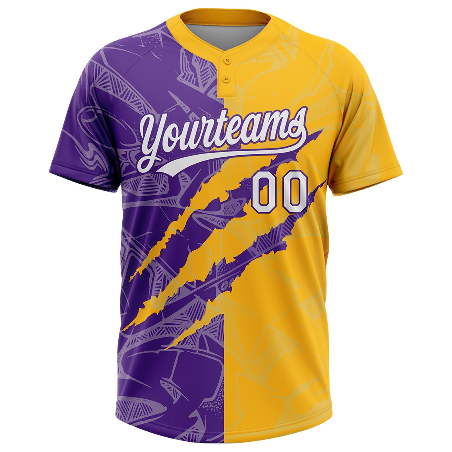 Custom Graffiti Pattern White Gold-Purple 3D Scratch Two-Button Unisex Softball Jersey view 2
