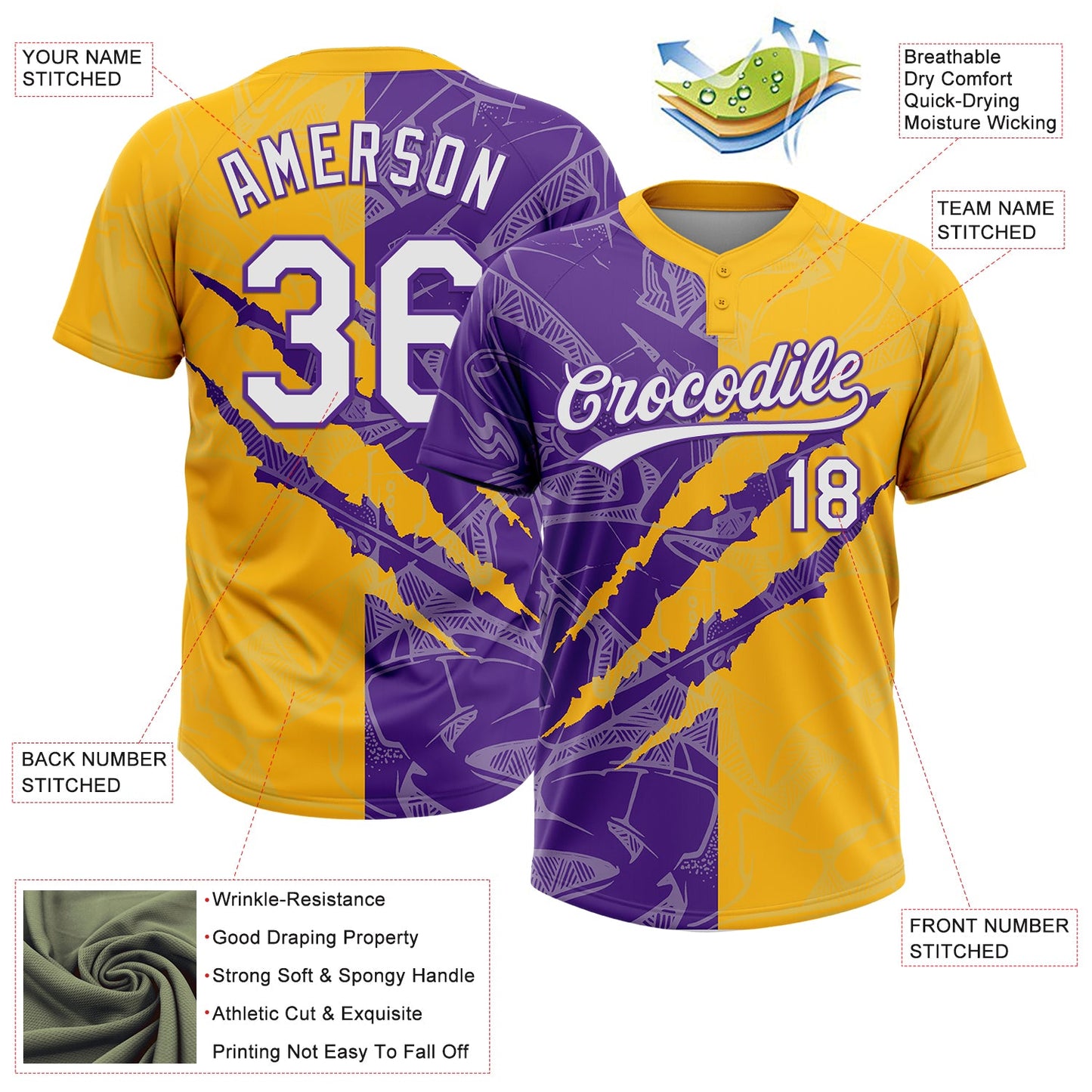 Custom Graffiti Pattern White Gold-Purple 3D Scratch Two-Button Unisex Softball Jersey view 3