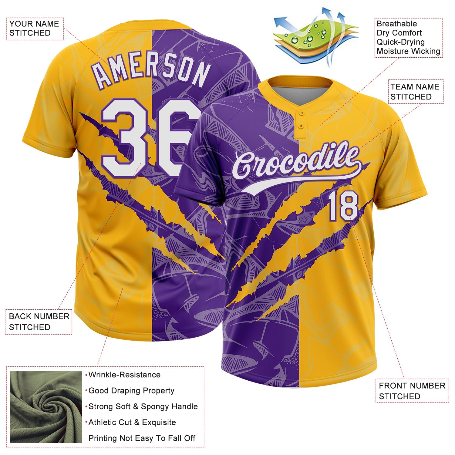 Custom Graffiti Pattern White Gold-Purple 3D Scratch Two-Button Unisex Softball Jersey view 3