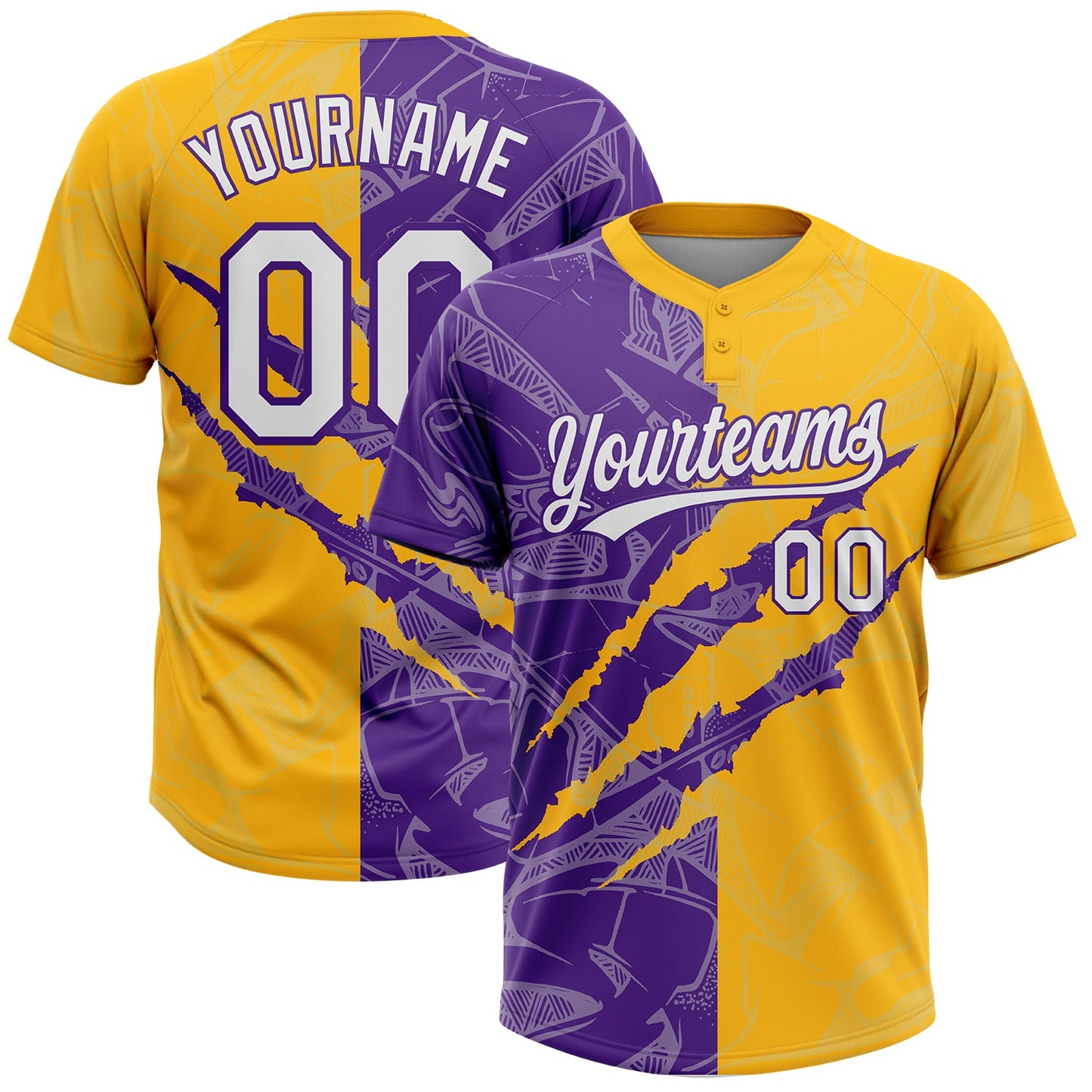 Custom Graffiti Pattern White Gold-Purple 3D Scratch Two-Button Unisex Softball Jersey - Main View