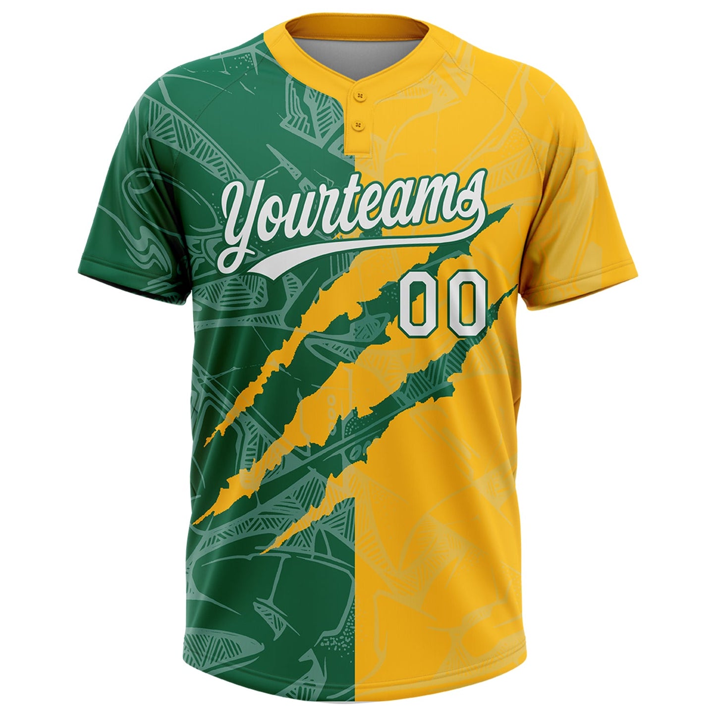 Custom Graffiti Pattern White Gold-Kelly Green 3D Scratch Two-Button Unisex Softball Jersey view 2