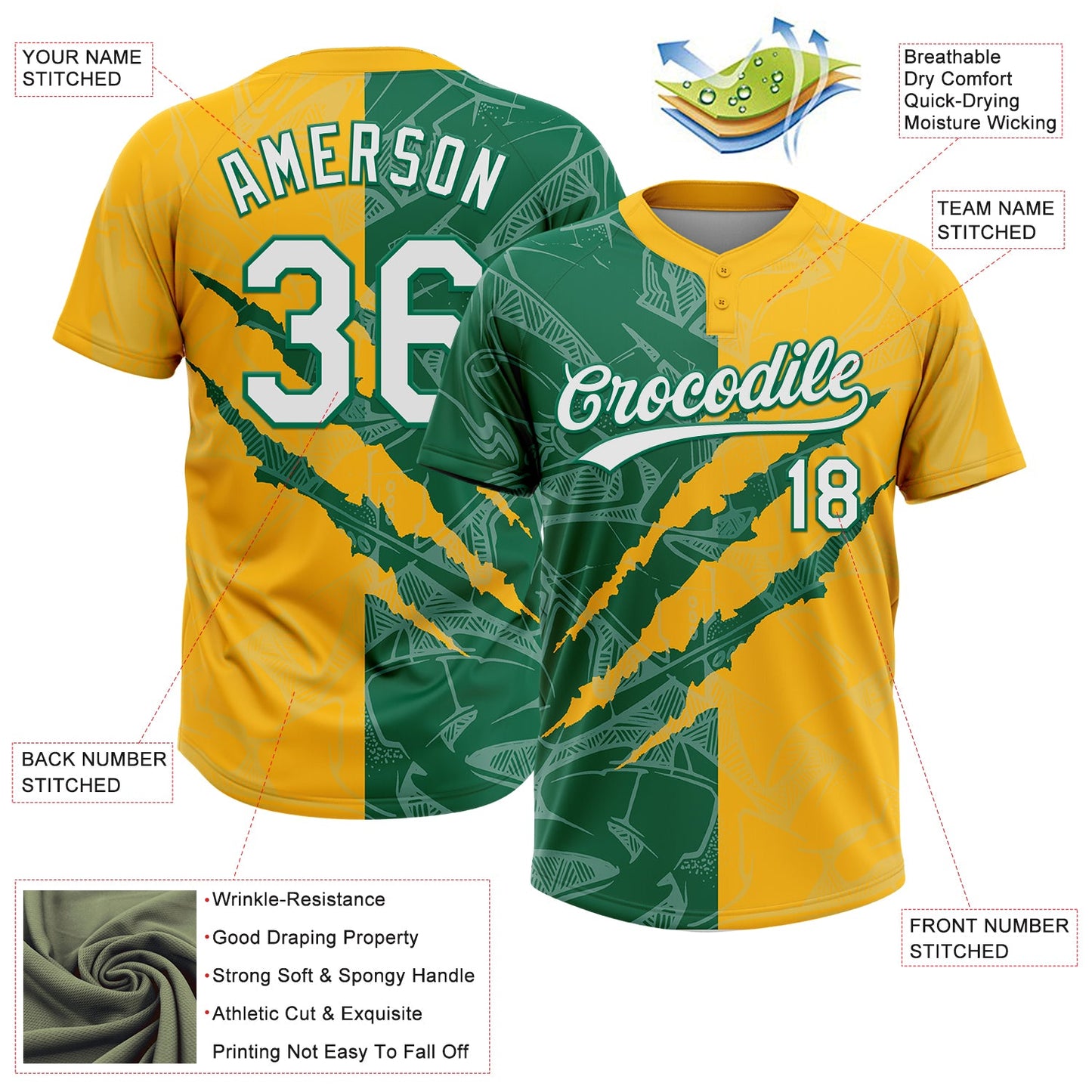 Custom Graffiti Pattern White Gold-Kelly Green 3D Scratch Two-Button Unisex Softball Jersey view 3