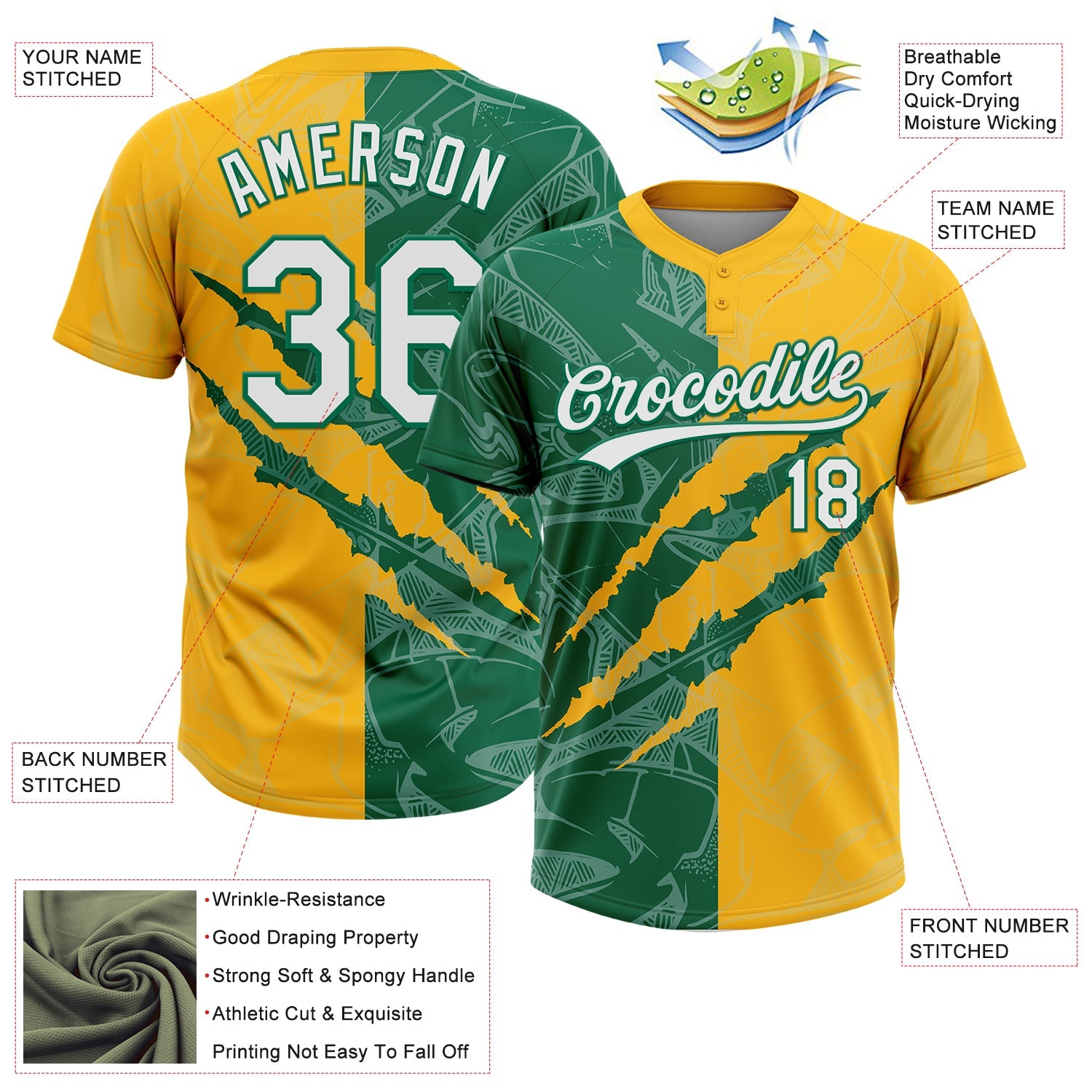Custom Graffiti Pattern White Gold-Kelly Green 3D Scratch Two-Button Unisex Softball Jersey view 3