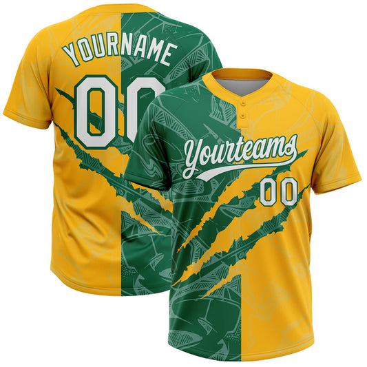 Custom Graffiti Pattern White Gold-Kelly Green 3D Scratch Two-Button Unisex Softball Jersey - Main View
