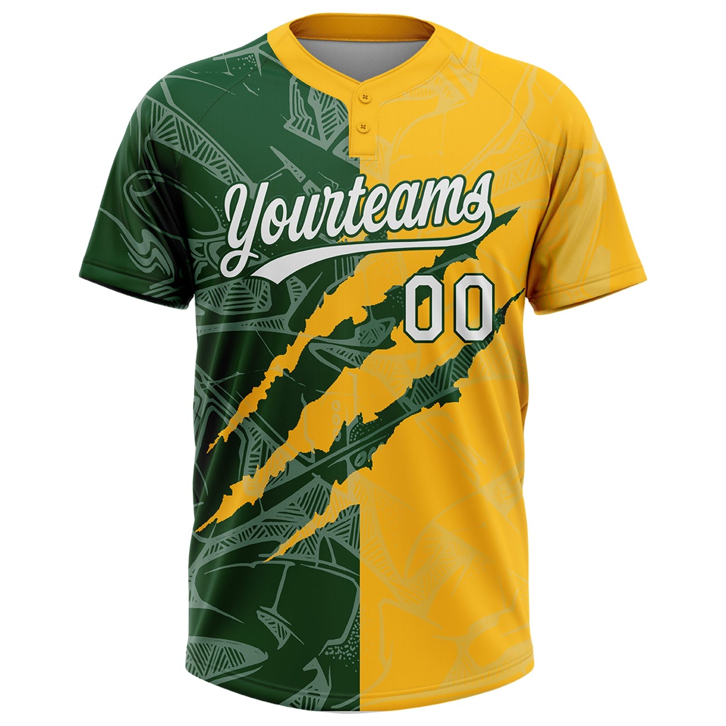 Custom Graffiti Pattern White Gold-Green 3D Scratch Two-Button Unisex Softball Jersey view 2