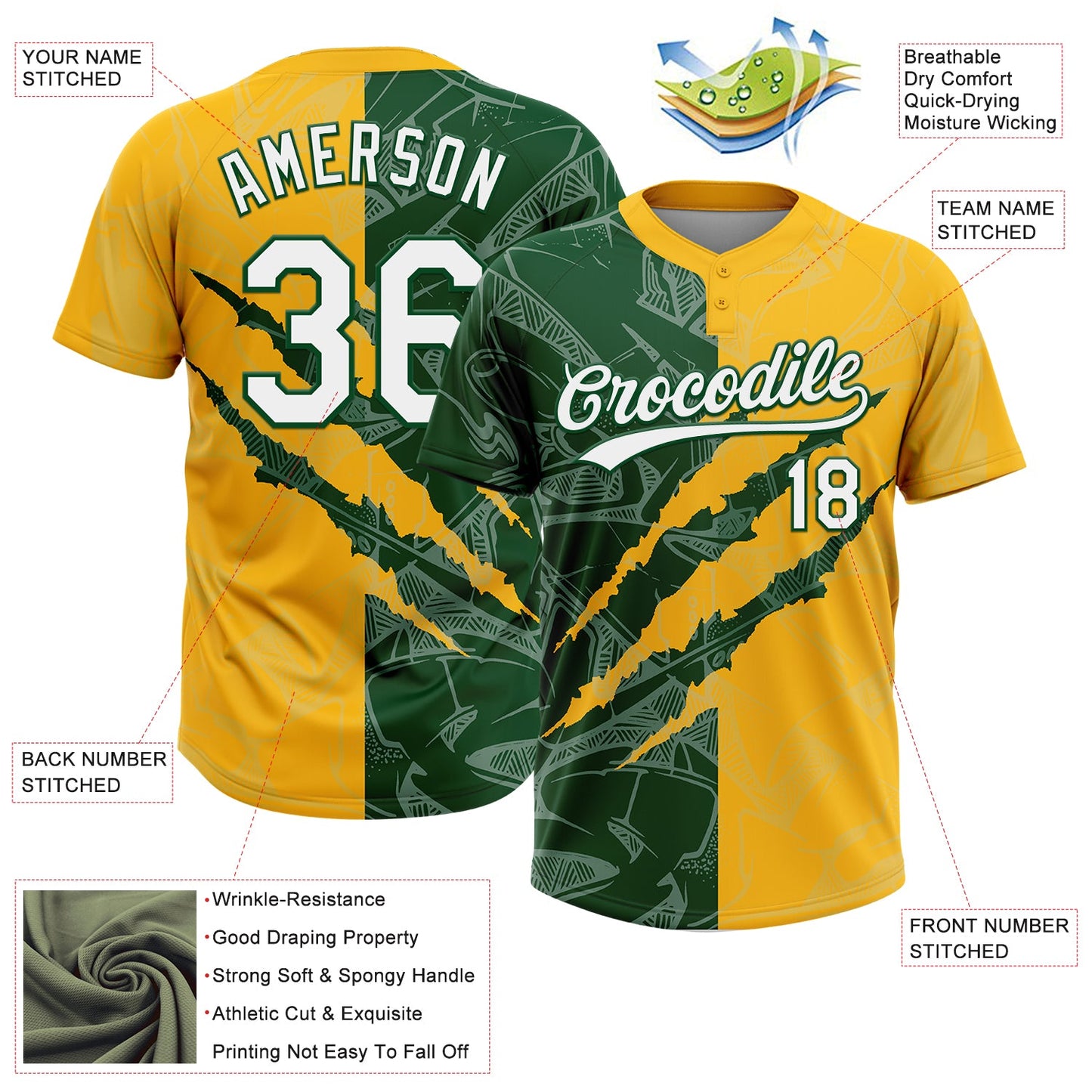 Custom Graffiti Pattern White Gold-Green 3D Scratch Two-Button Unisex Softball Jersey view 3