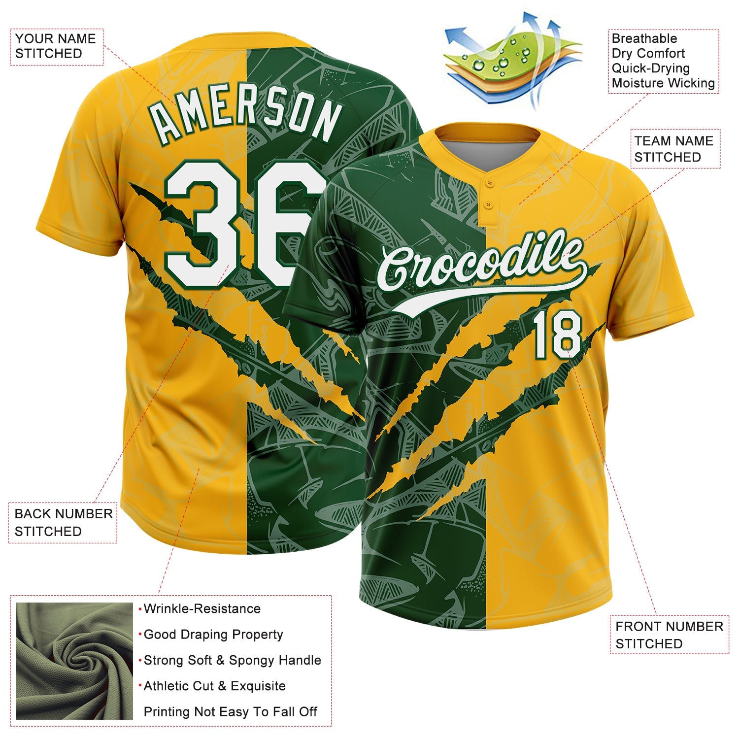 Custom Graffiti Pattern White Gold-Green 3D Scratch Two-Button Unisex Softball Jersey view 3