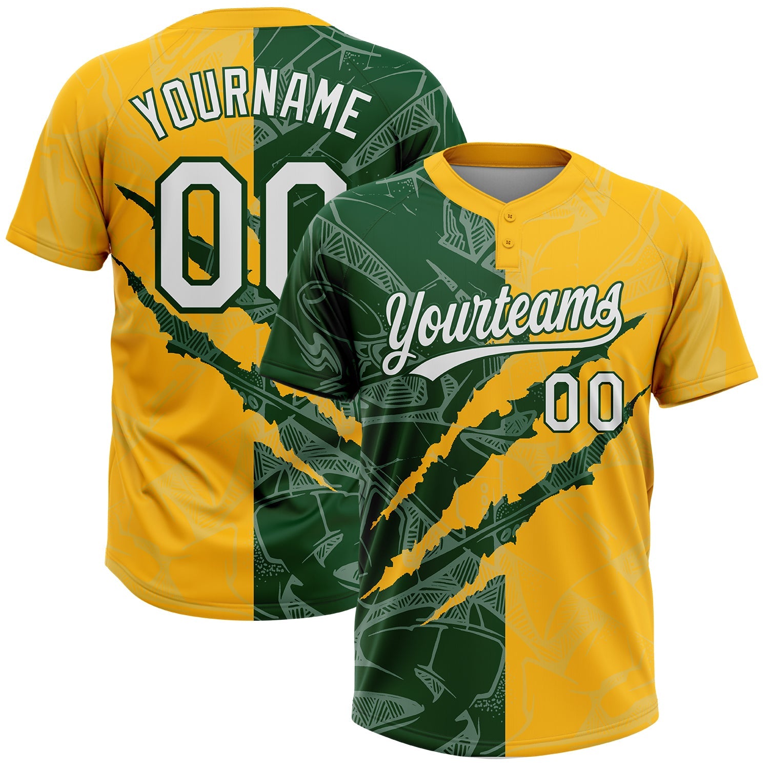 Custom Graffiti Pattern White Gold-Green 3D Scratch Two-Button Unisex Softball Jersey - Main View