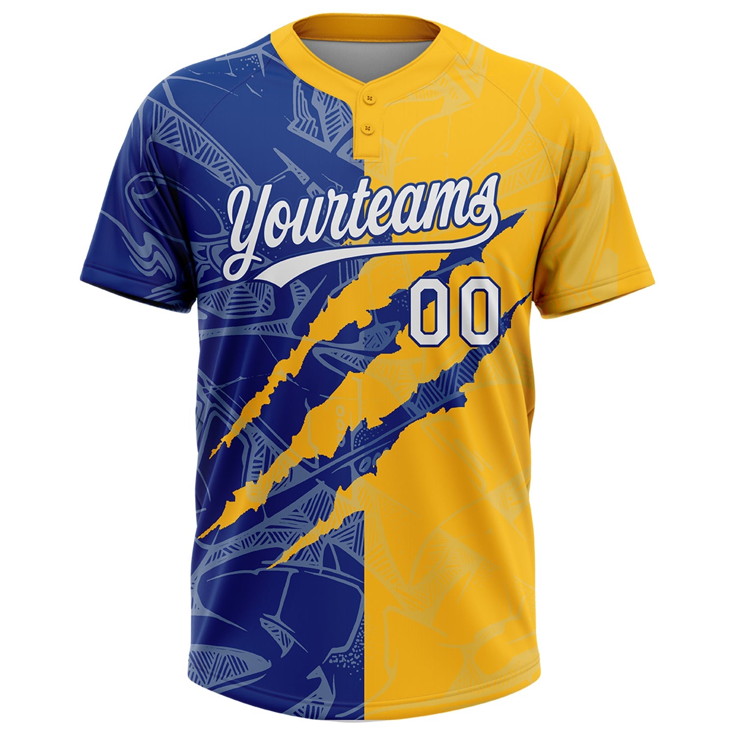 Custom Graffiti Pattern White Gold-Royal 3D Scratch Two-Button Unisex Softball Jersey view 2
