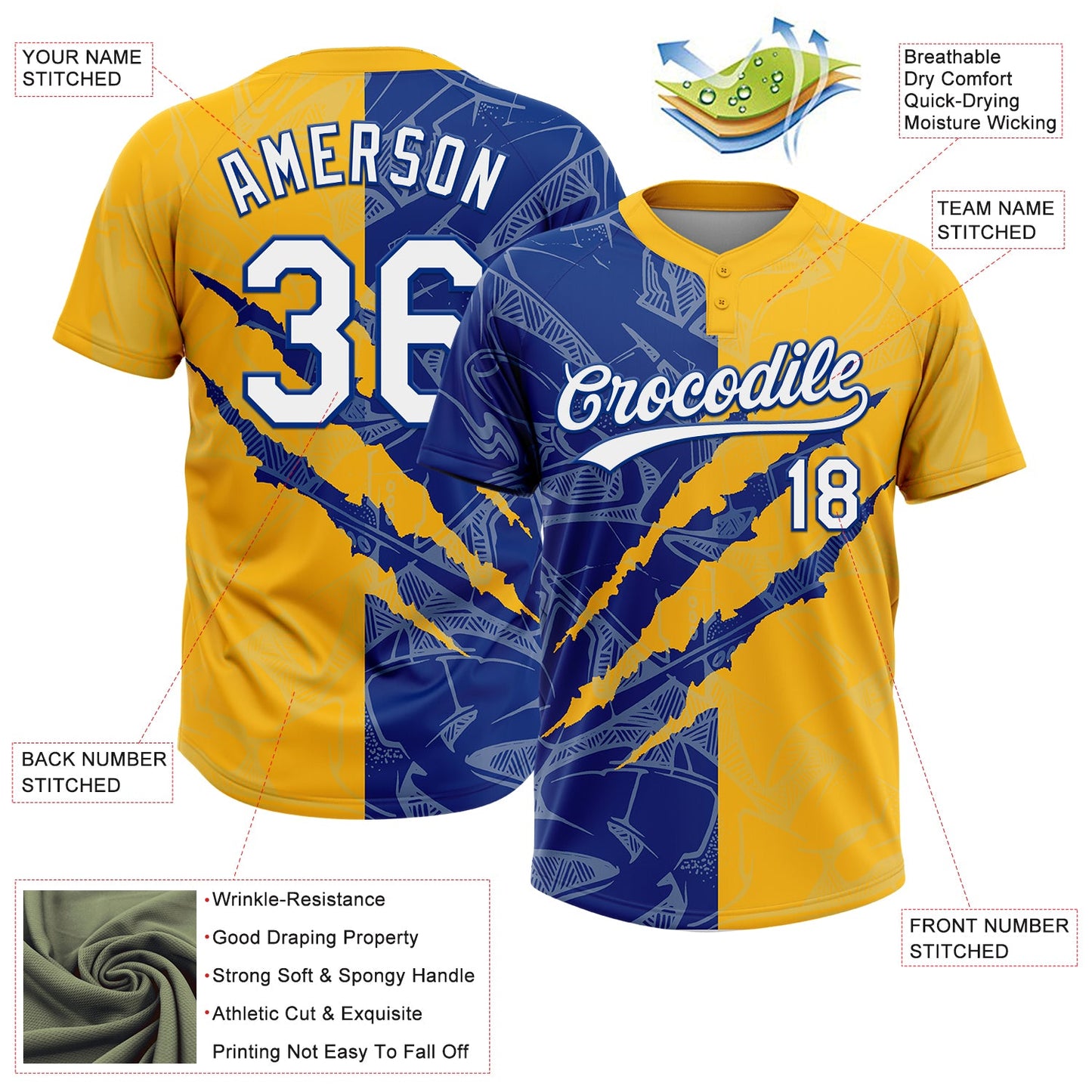 Custom Graffiti Pattern White Gold-Royal 3D Scratch Two-Button Unisex Softball Jersey view 3