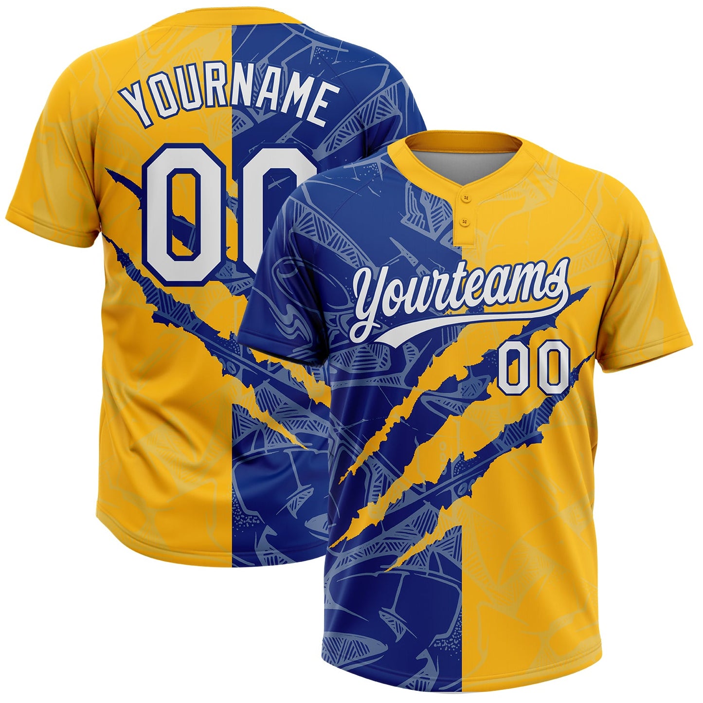 Custom Graffiti Pattern White Gold-Royal 3D Scratch Two-Button Unisex Softball Jersey - Main View