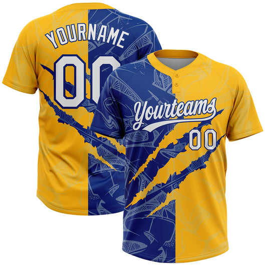 Custom Graffiti Pattern White Gold-Royal 3D Scratch Two-Button Unisex Softball Jersey - Main View