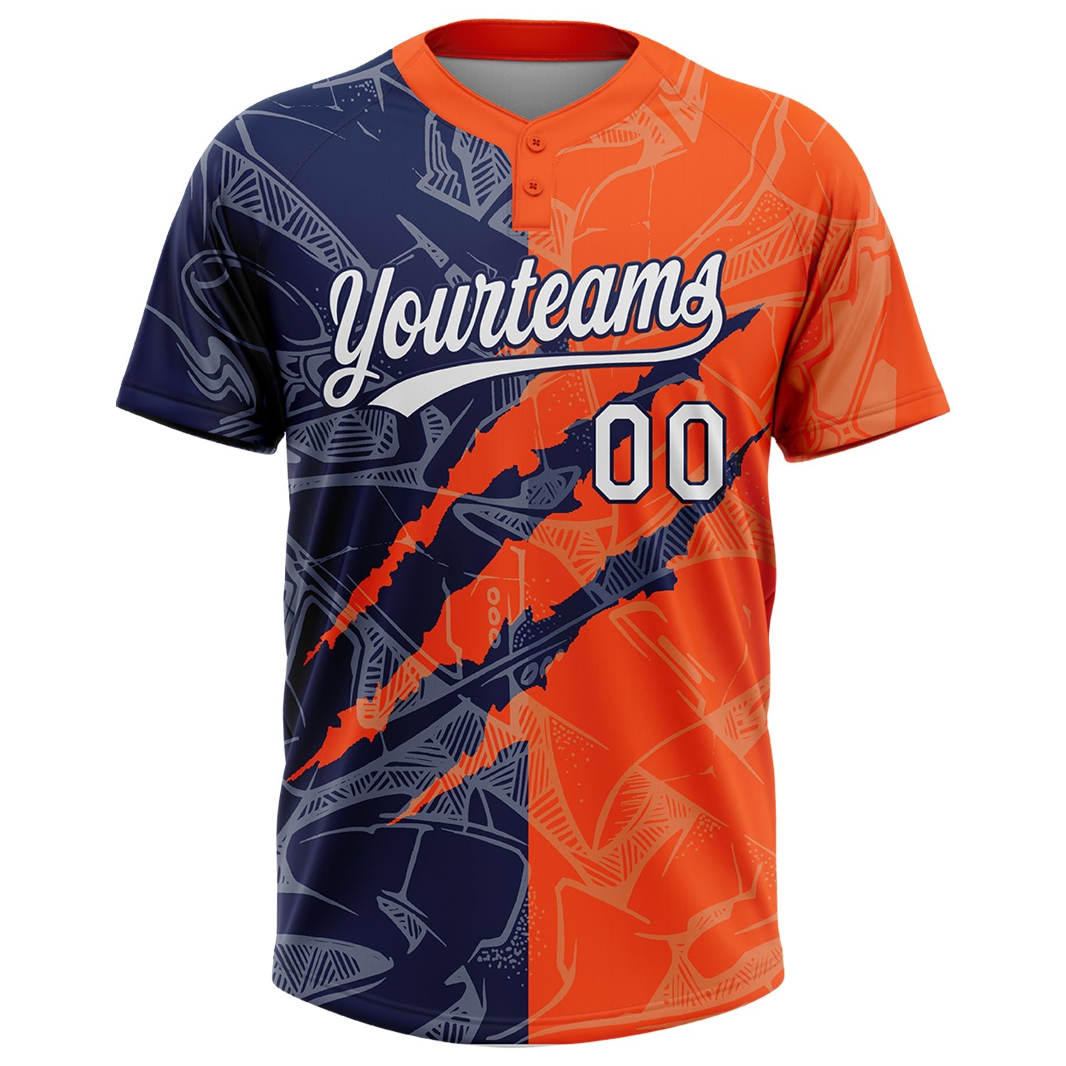 Custom Graffiti Pattern White Orange-Navy 3D Scratch Two-Button Unisex Softball Jersey view 2