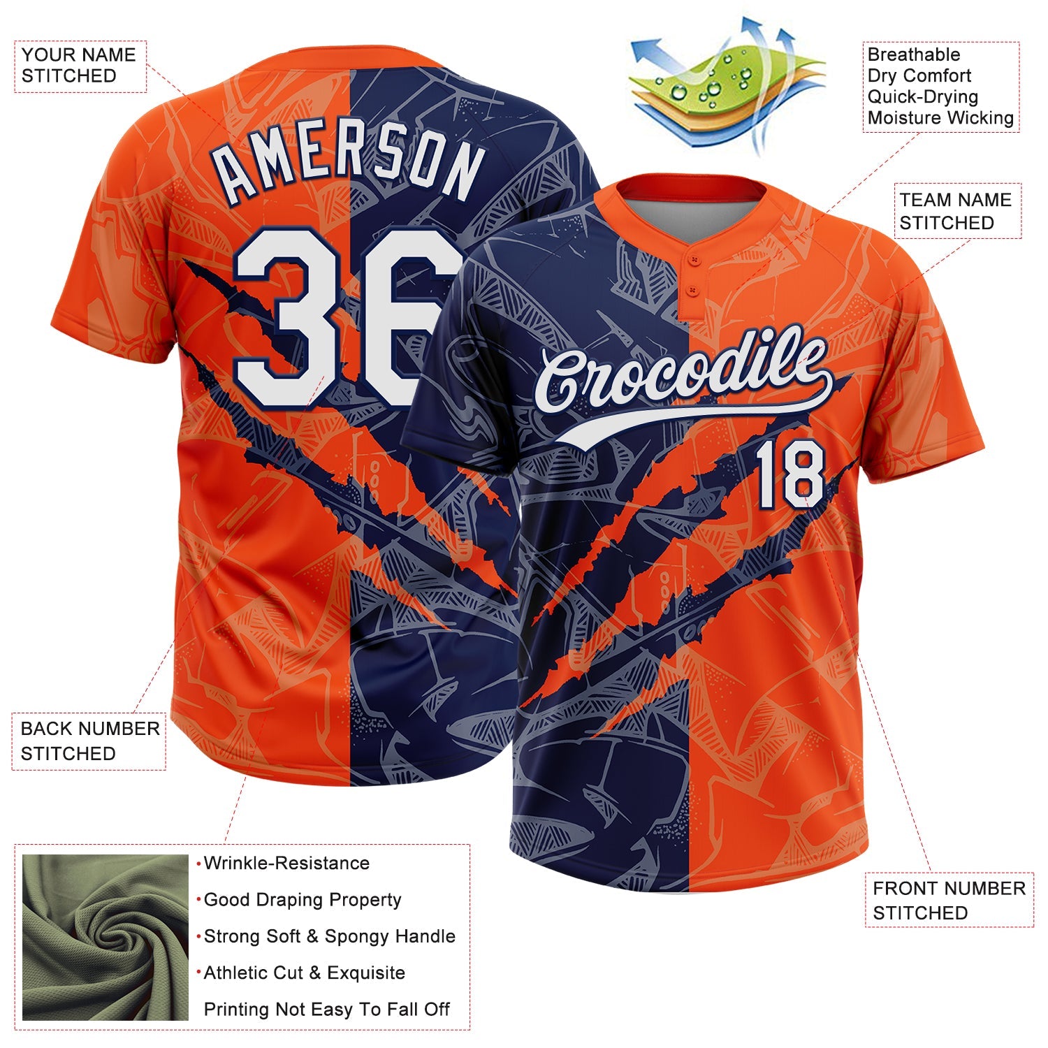Custom Graffiti Pattern White Orange-Navy 3D Scratch Two-Button Unisex Softball Jersey view 3