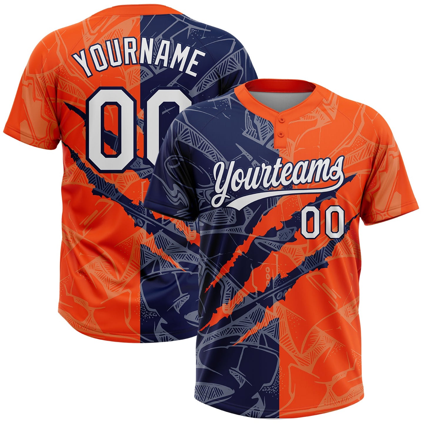 Custom Graffiti Pattern White Orange-Navy 3D Scratch Two-Button Unisex Softball Jersey - Main View