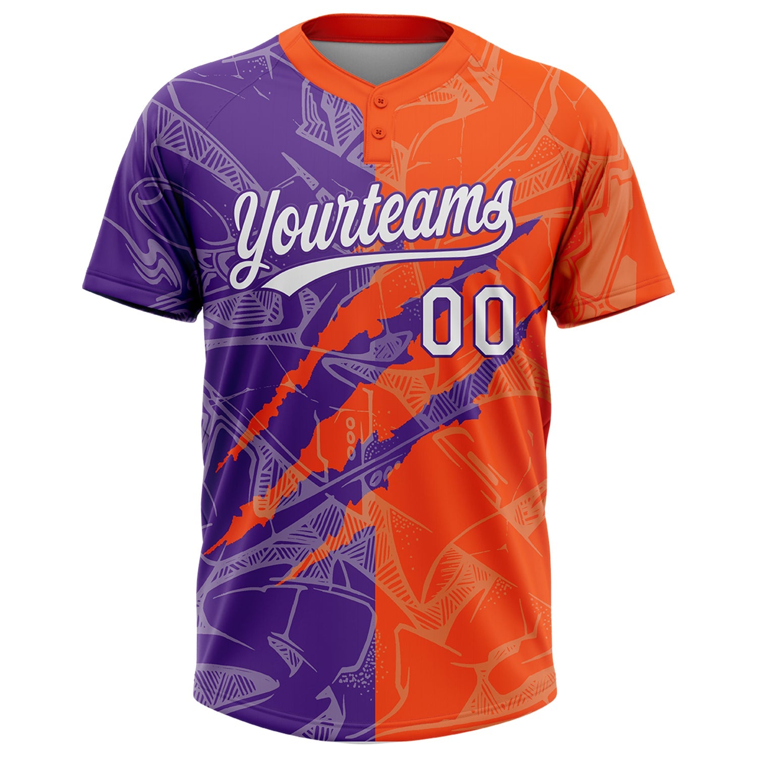 Custom Graffiti Pattern White Orange-Purple 3D Scratch Two-Button Unisex Softball Jersey view 2