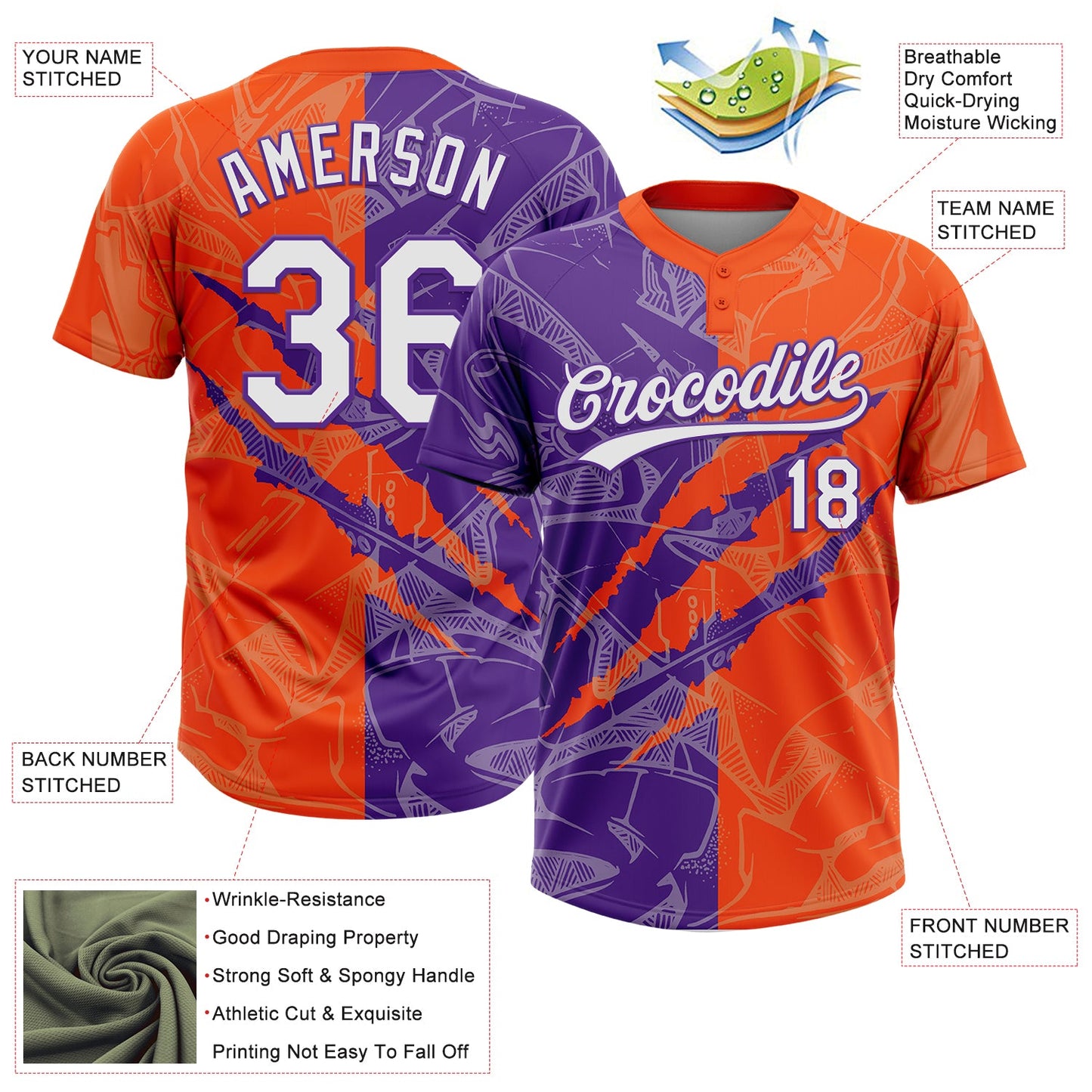 Custom Graffiti Pattern White Orange-Purple 3D Scratch Two-Button Unisex Softball Jersey view 3