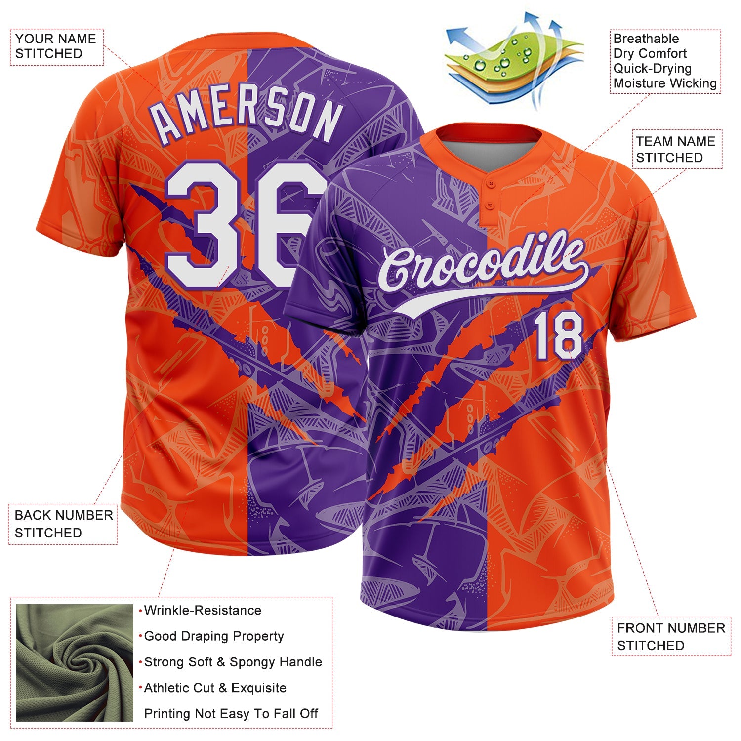 Custom Graffiti Pattern White Orange-Purple 3D Scratch Two-Button Unisex Softball Jersey view 3