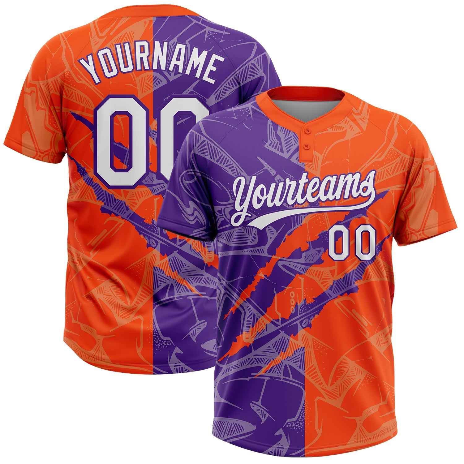 Custom Graffiti Pattern White Orange-Purple 3D Scratch Two-Button Unisex Softball Jersey - Main View